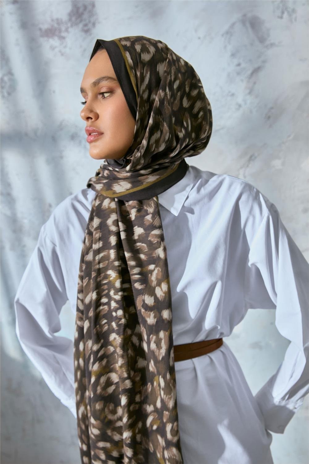 Eco Viscose Leopar Şal Haki Nefes Alan Dokulu 90x2