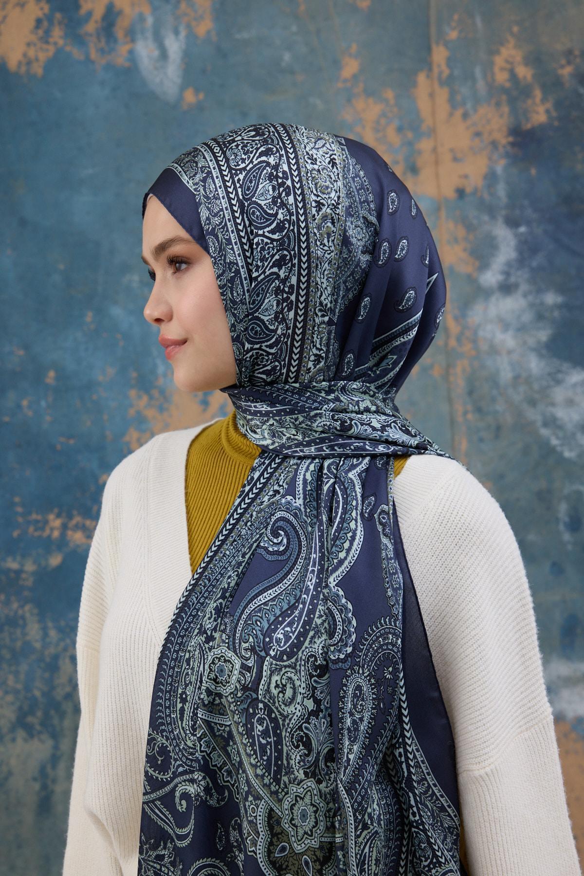 Gece Mavi Hint Vual Şal -  5008-04