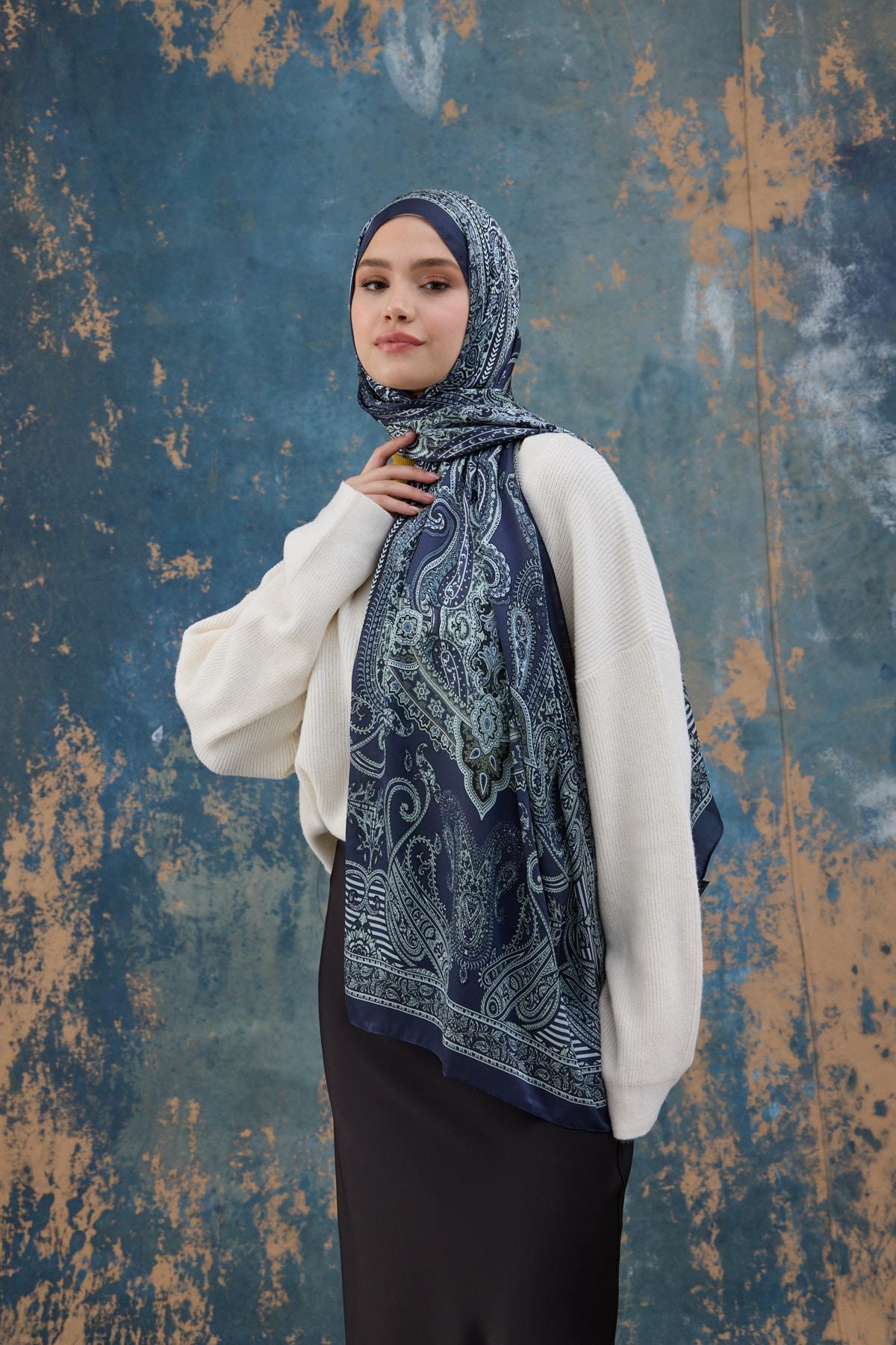 Gece Mavi Hint Vual Şal -  5008-04