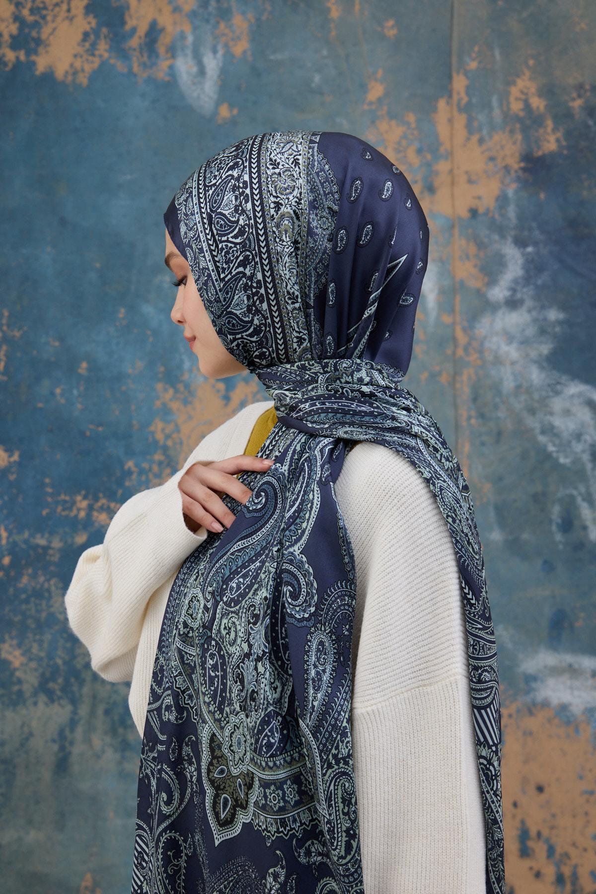 Gece Mavi Hint Vual Şal -  5008-04