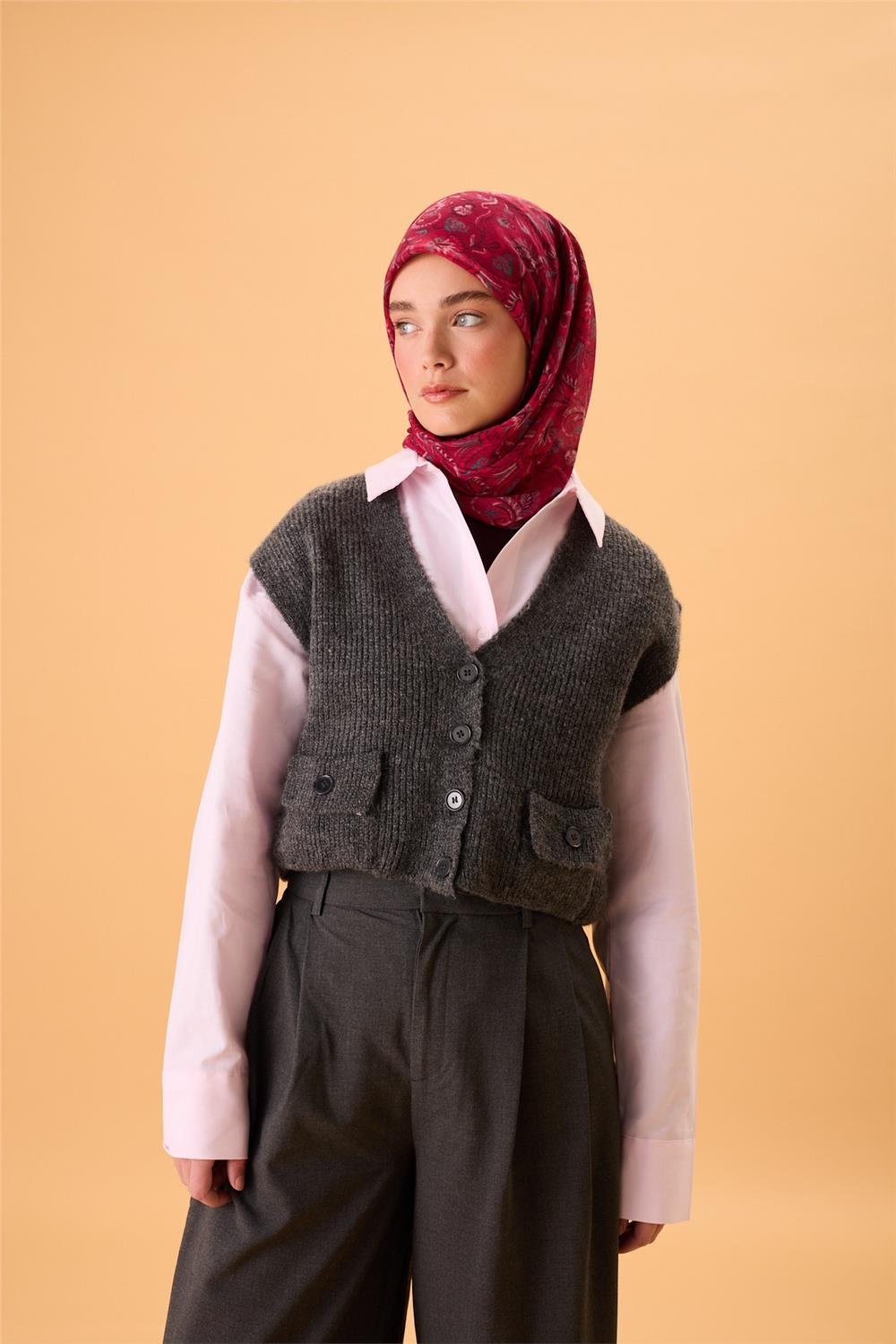 İnce Pamuk Soft Eşarp Fuşya-Çilek Kırmızısı Desenli Tok Duruşlu 90X90