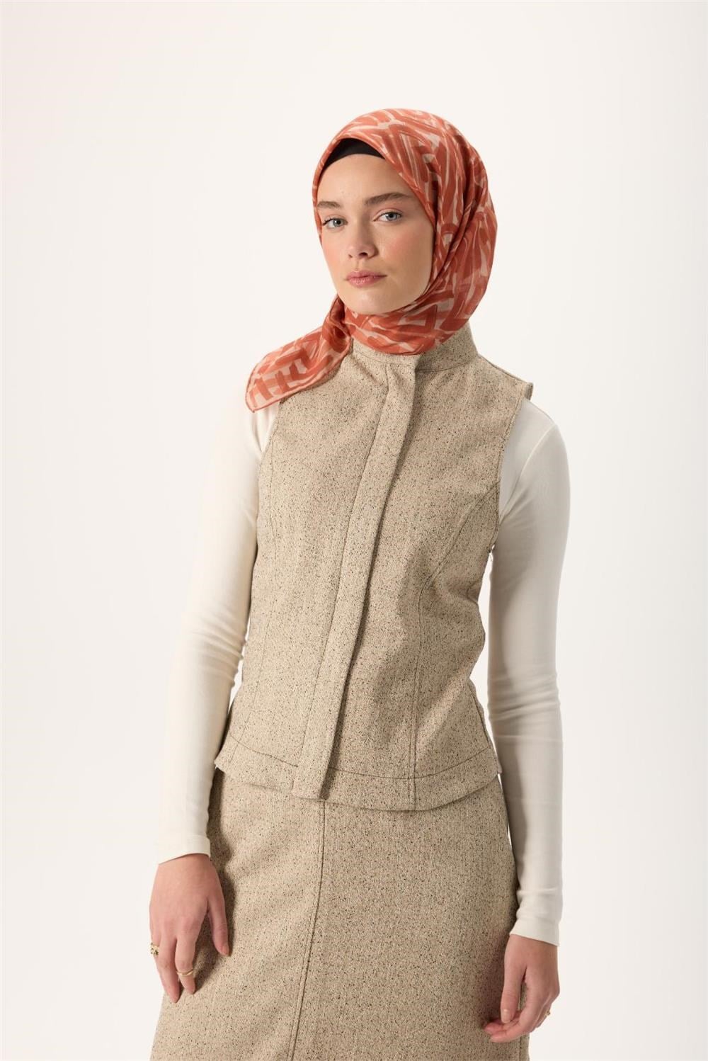 İnce Pamuk Soft Eşarp Krem Soğan Kabuğu Taba Desenli Nefes Alan 90X90