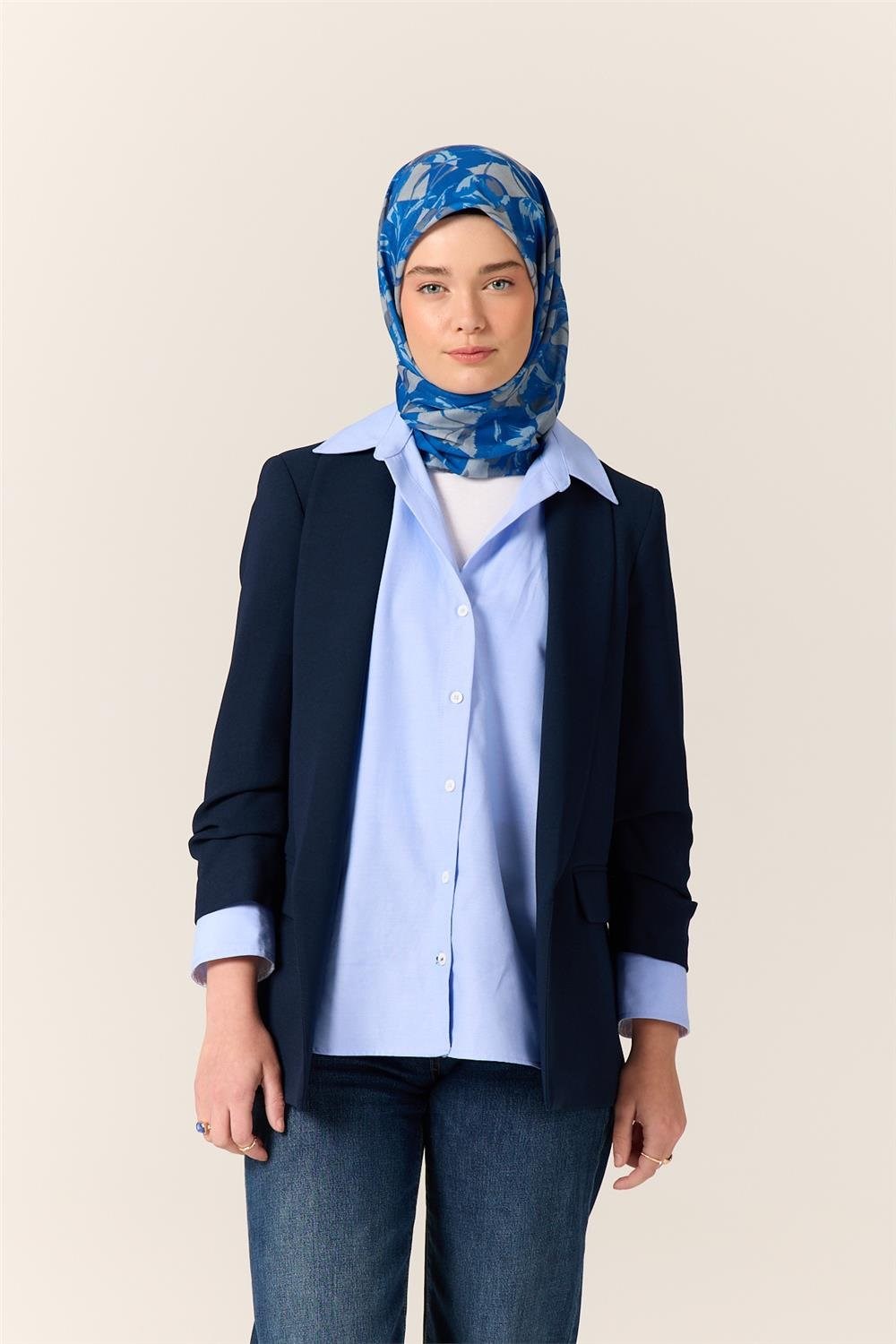 İnce Pamuk Soft Eşarp Saks-Gri Desenli Nefes Alan Tok Duruşlu 90X90