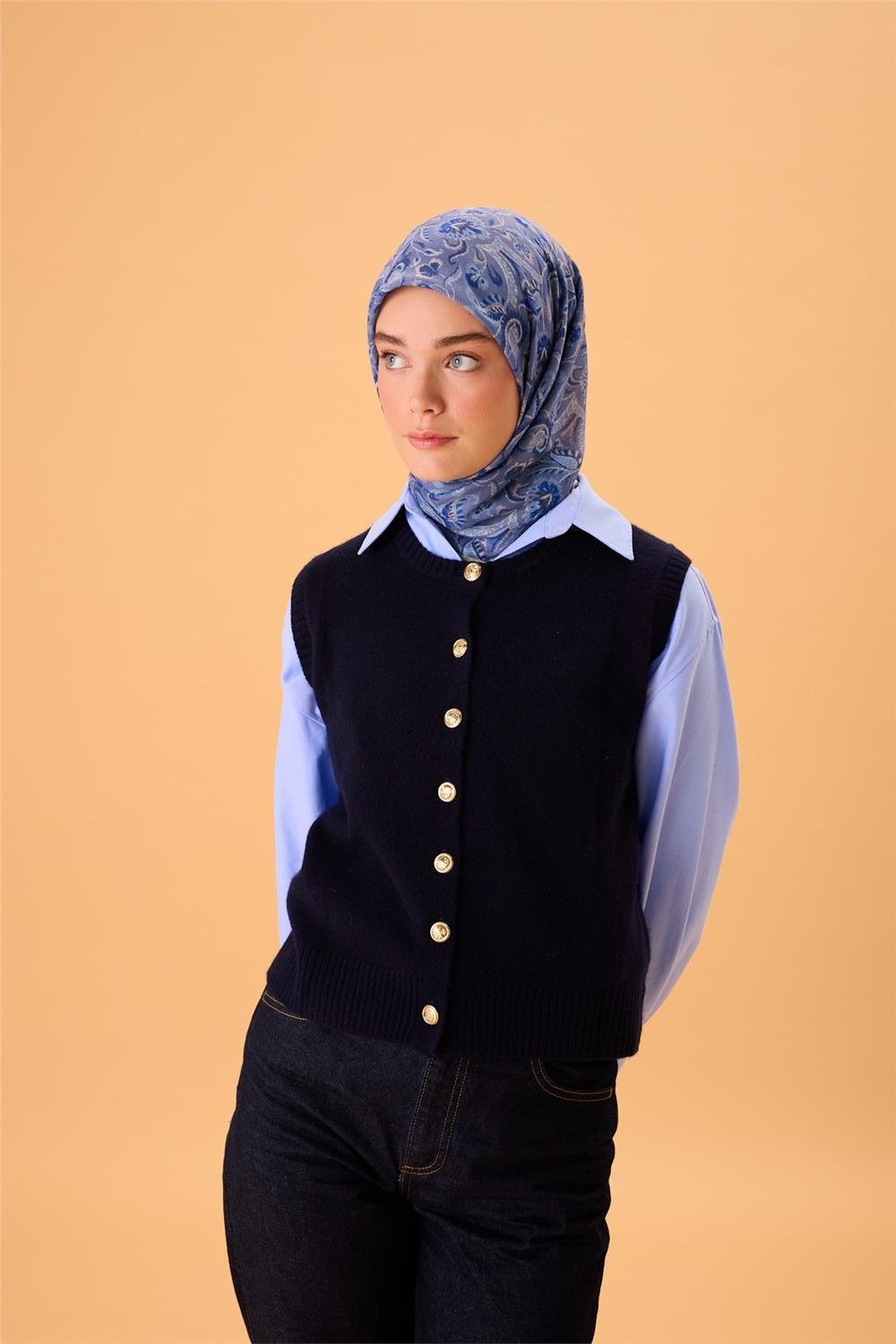 İnce Pamuk Soft Eşarp Saks-İndigo Desenli Tok Duruşlu 90X90
