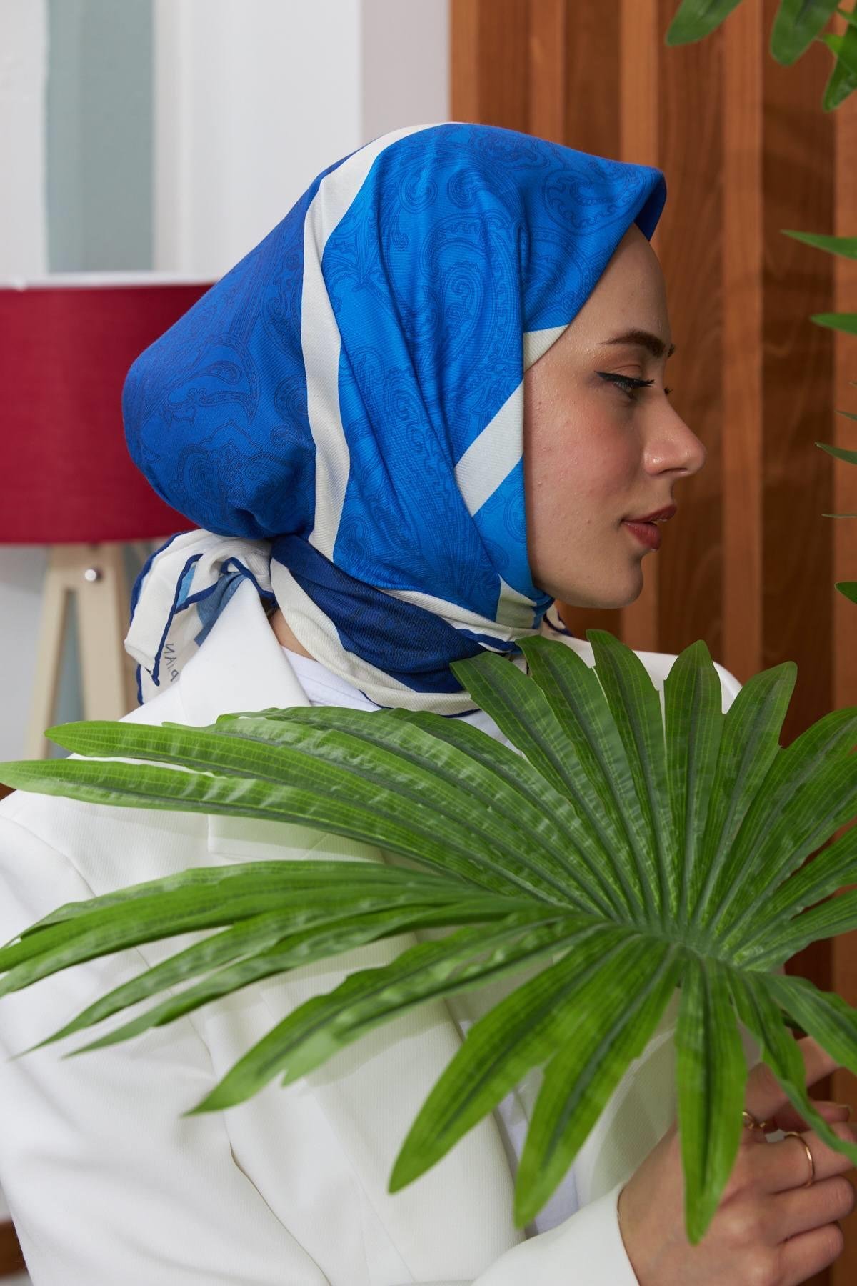 İpekhan Etnik Desen Serisi Sax Mavi Pamuk Viskon Eşarp 1127-11