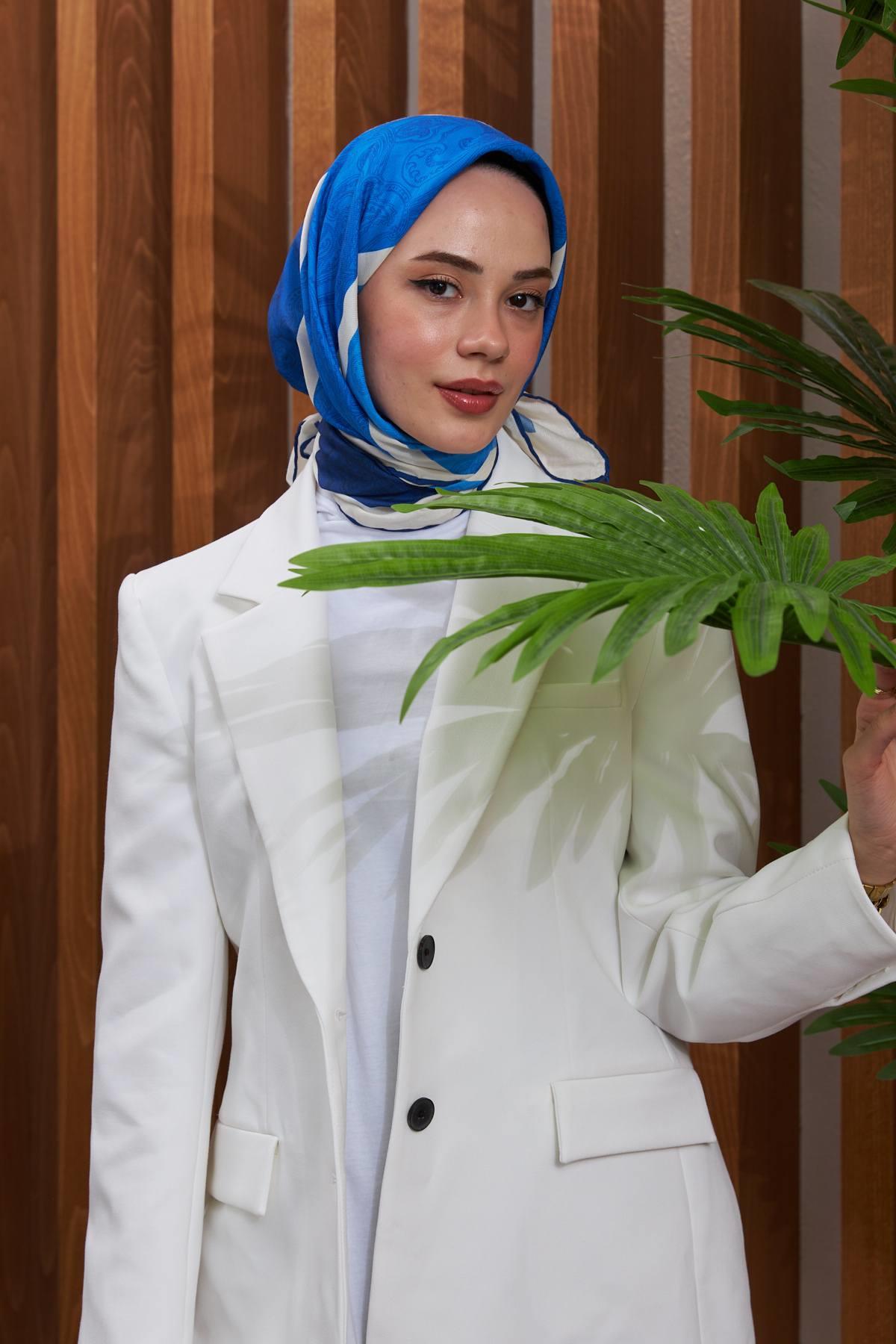 İpekhan Etnik Desen Serisi Sax Mavi Pamuk Viskon Eşarp 1127-11