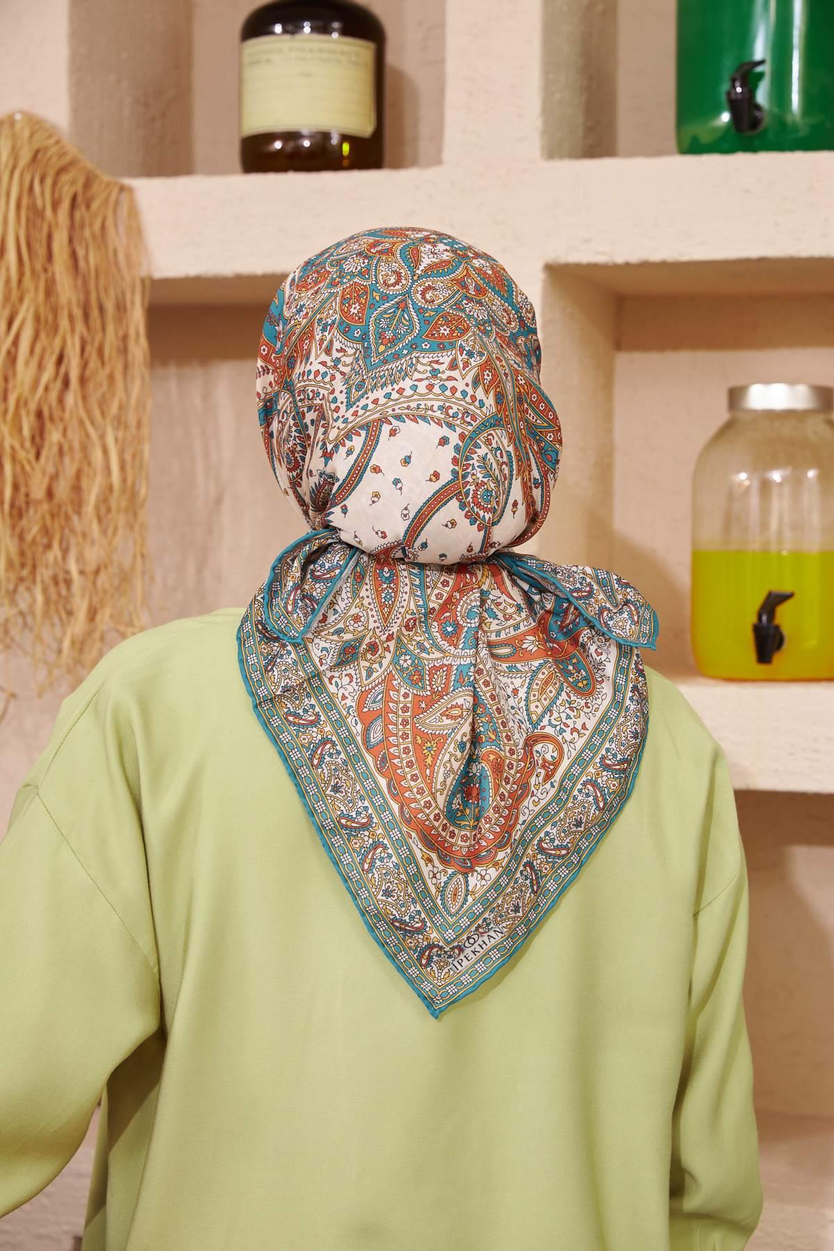 İpekhan Etnik Serisi Petrol Mavi Pamuk Viskon Eşarp 1116-07