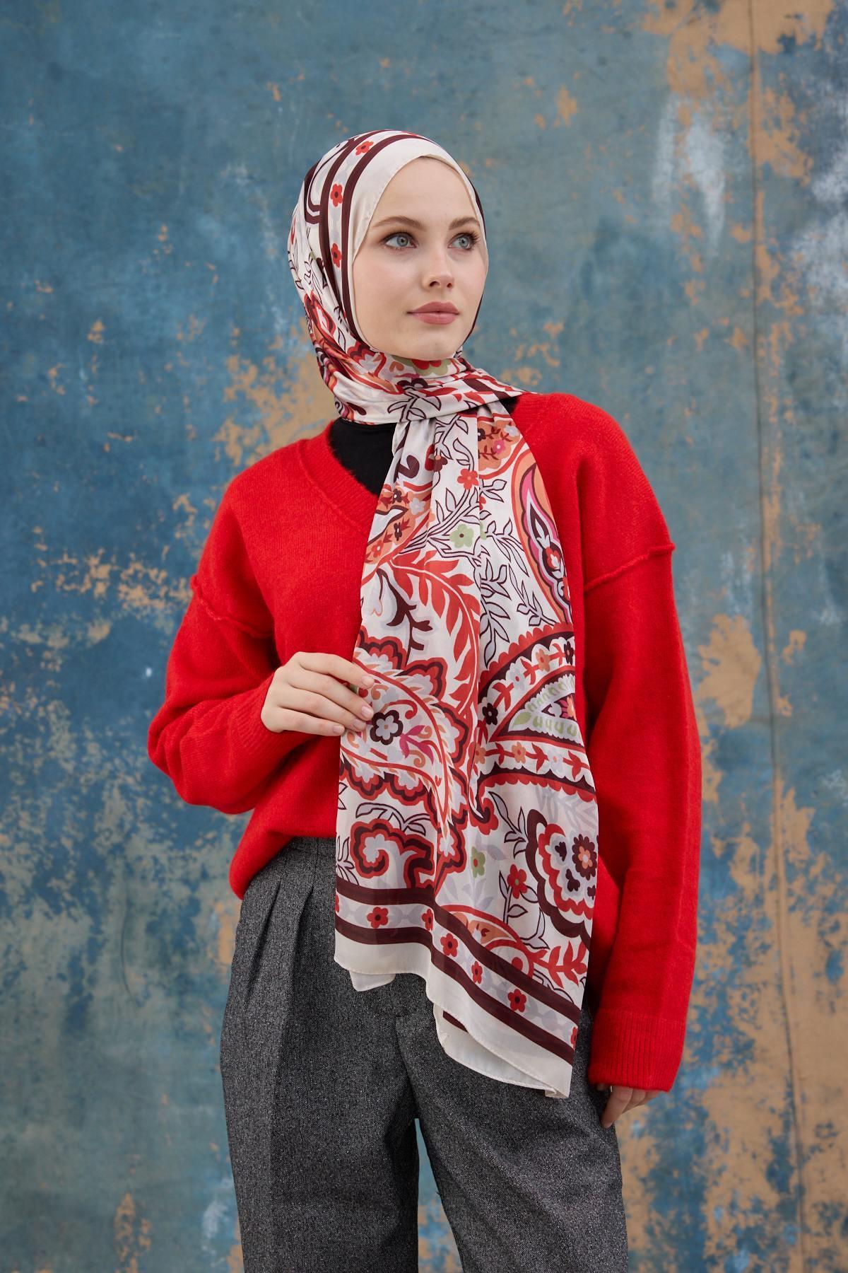 Kırmızı Beyaz Hint Vual Şal -  5004-15