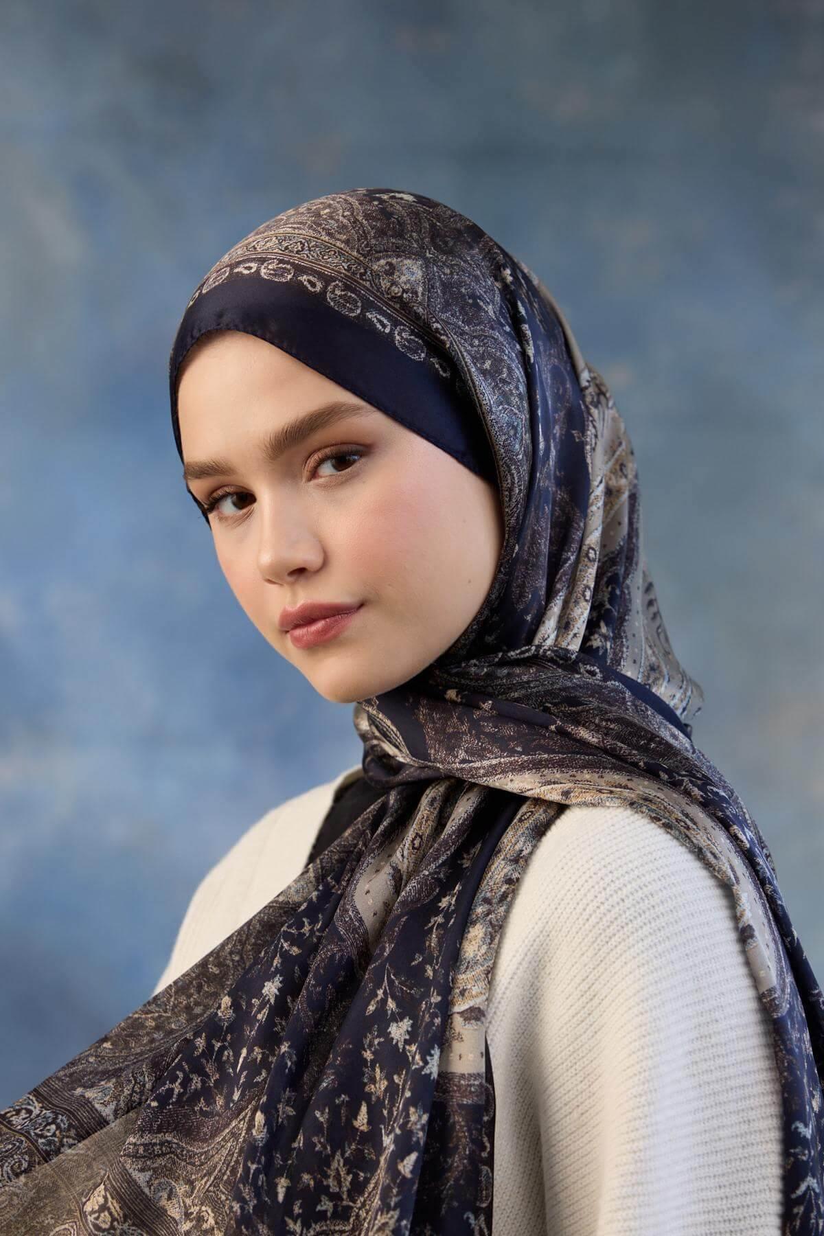 Lacivert Beyaz Hint Vual Şal -  5002-12