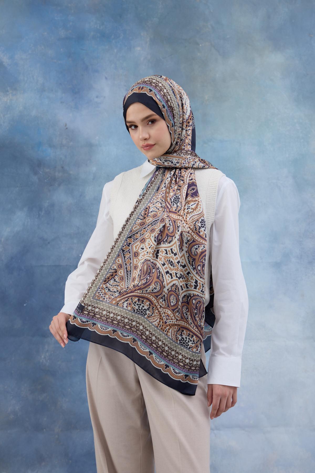 Lacivert Kahve Hint Vual Şal -  5005-03