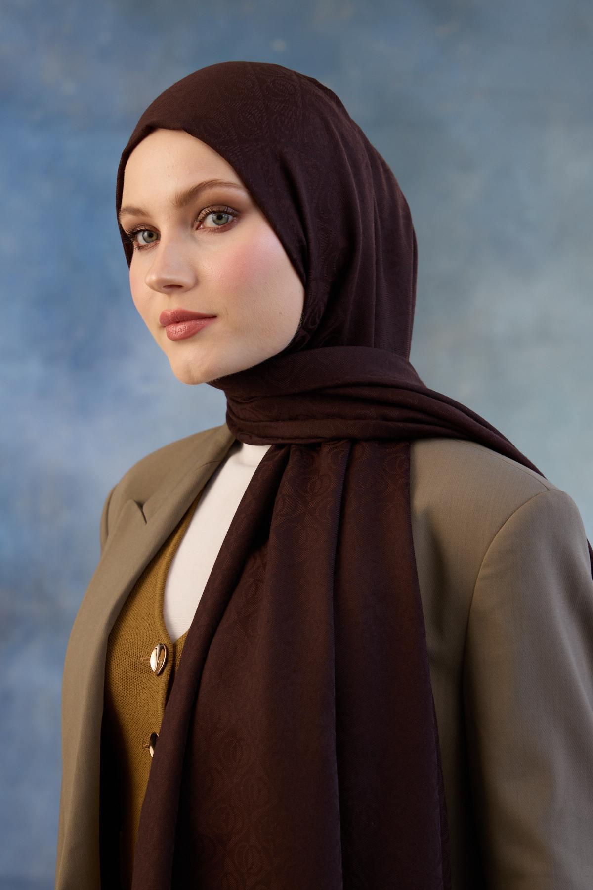 Logo Desen Pamuk Jakar Şal Acı Kahve 8008-16