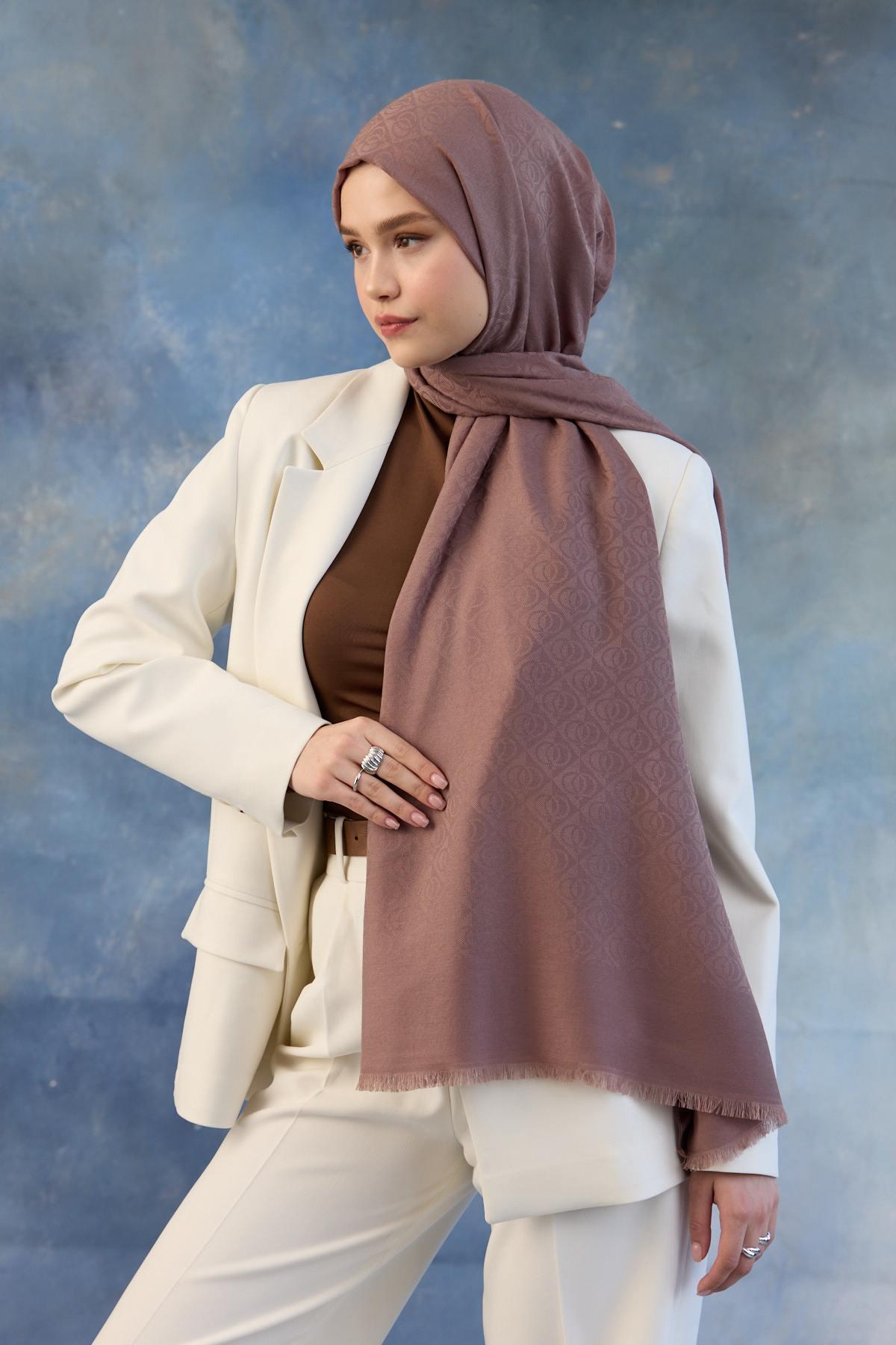 Logo Desen Pamuk Jakar Şal Gül Kurusu 8008-01