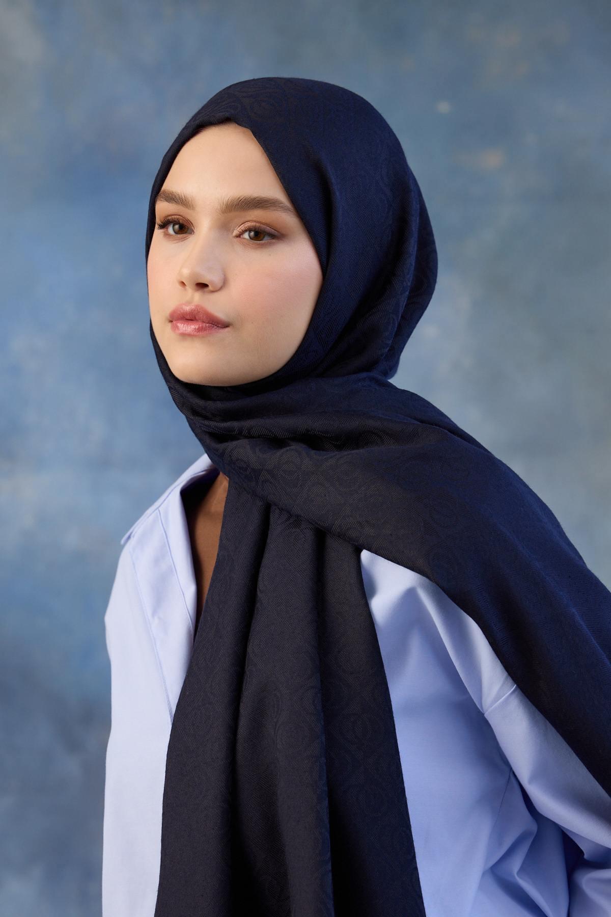 Logo Desen Pamuk Jakar Şal Koyu Lacivert 8008-07