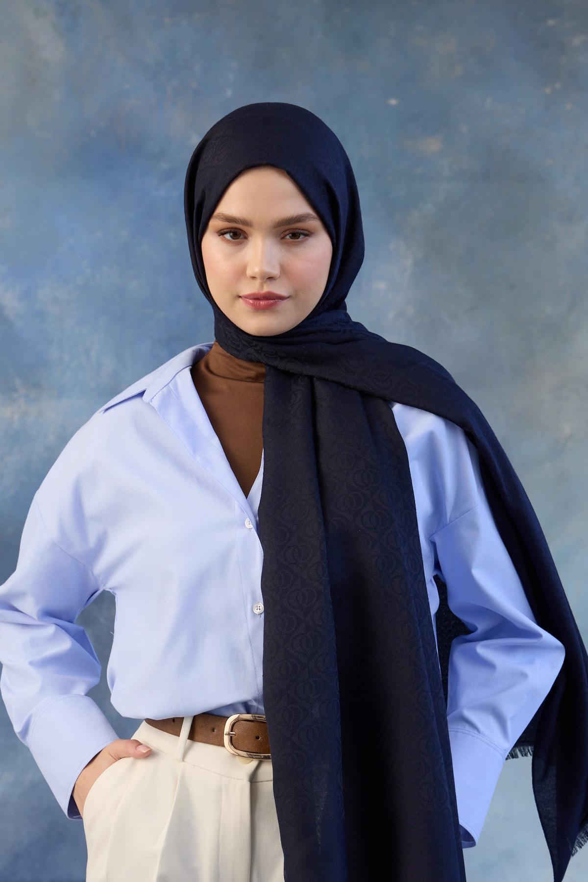 Logo Desen Pamuk Jakar Şal Koyu Lacivert 8008-07