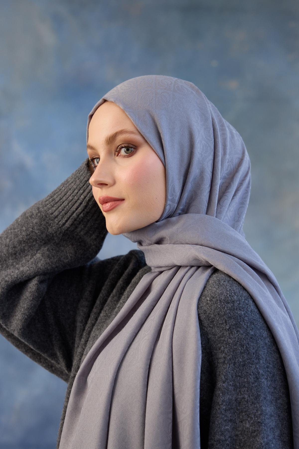 Logo Desen Pamuk Jakar Şal Lavanta Gri 8008-04