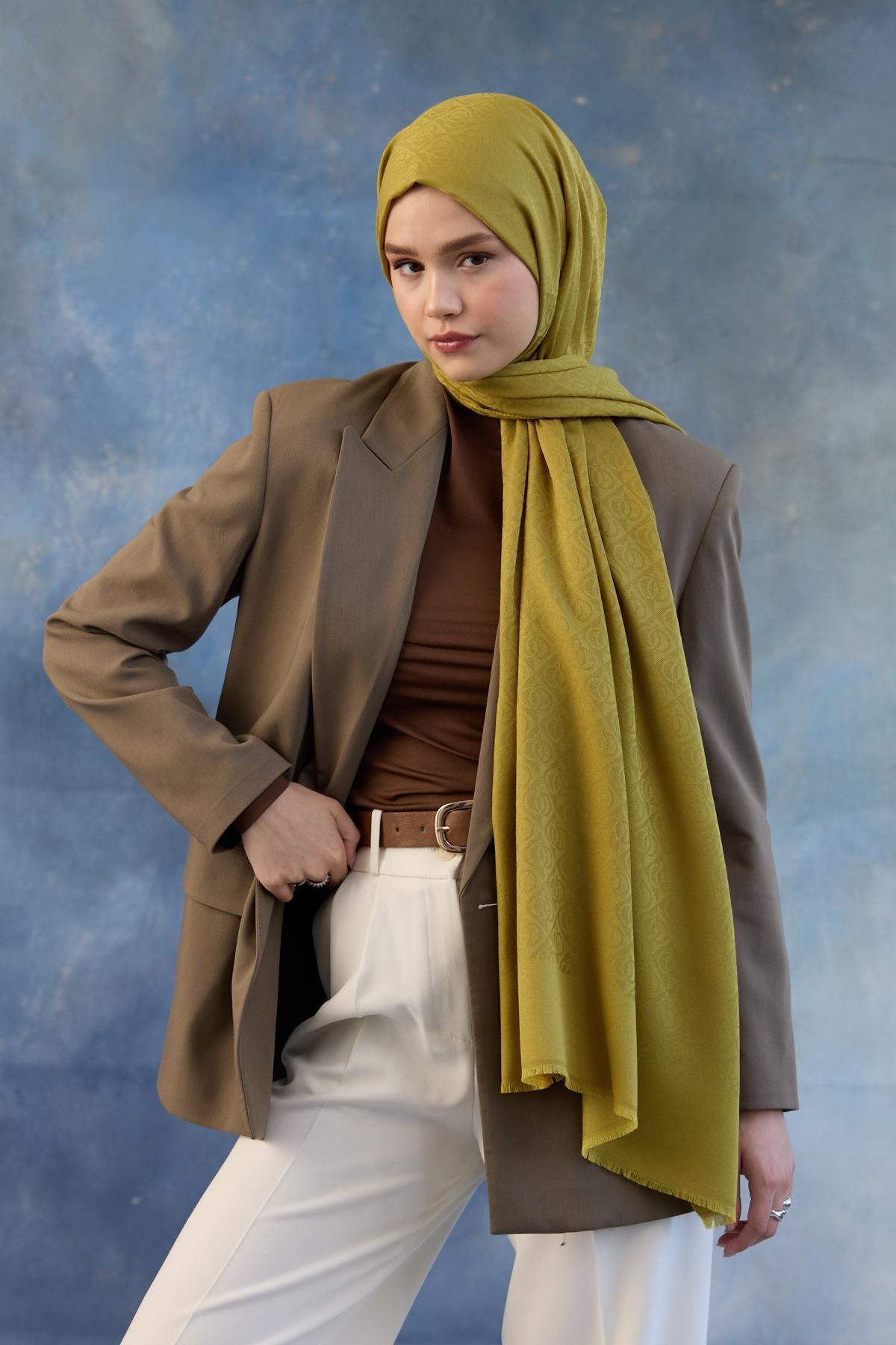 Logo Desen Pamuk Jakar Şal Yağ Yeşili 8008-11