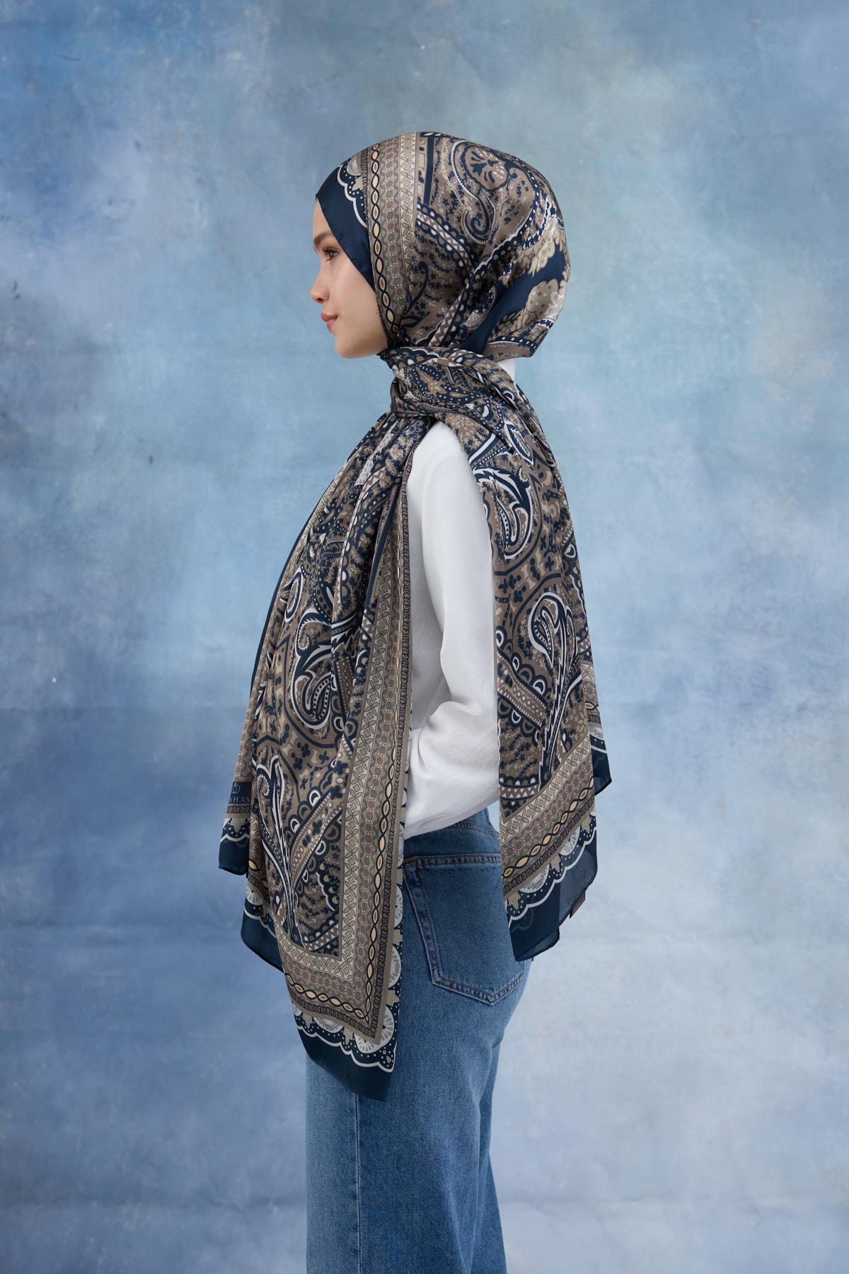 Mavi Kahve Hint Vual Şal -  5005-14