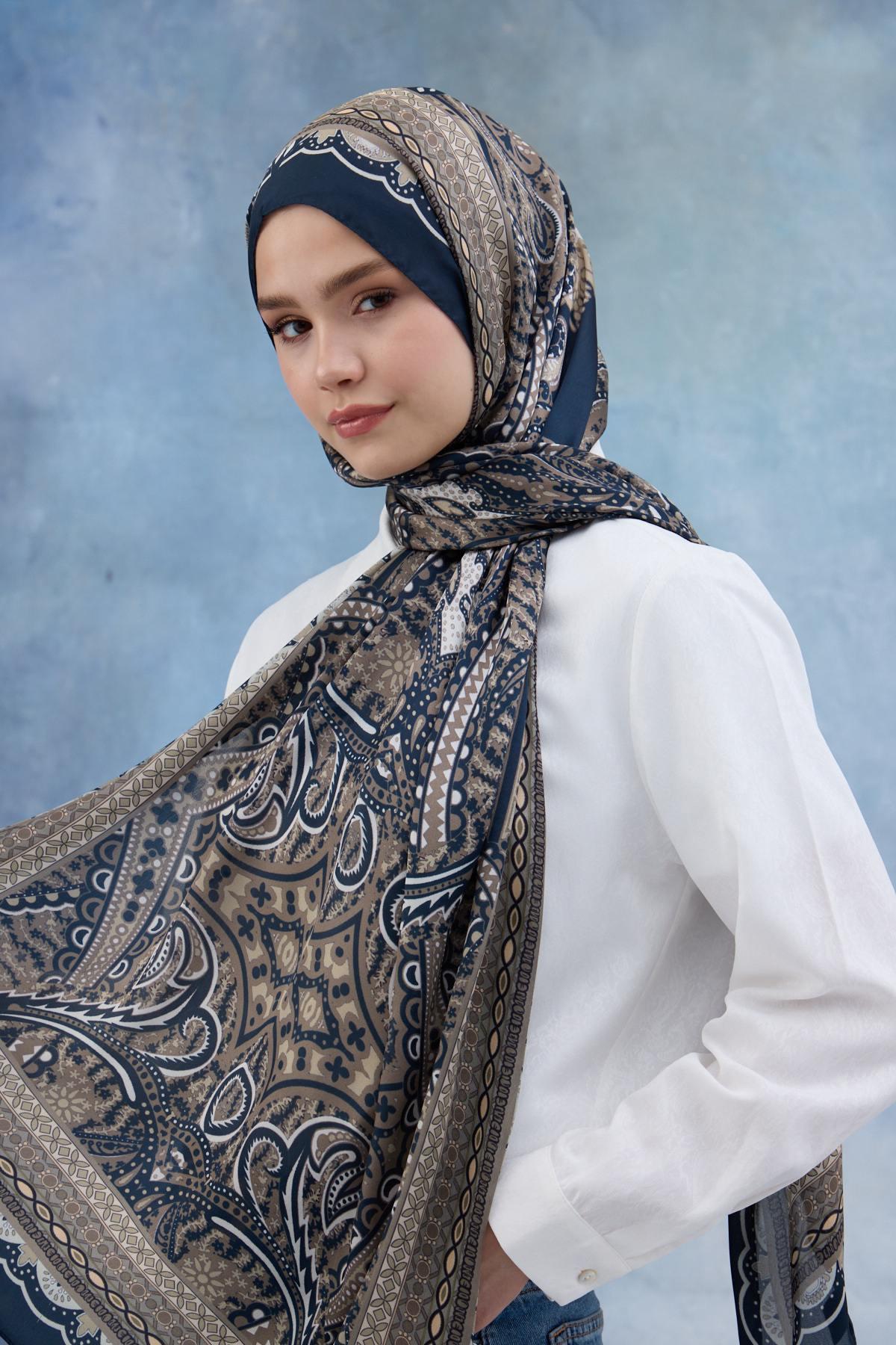 Mavi Kahve Hint Vual Şal -  5005-14