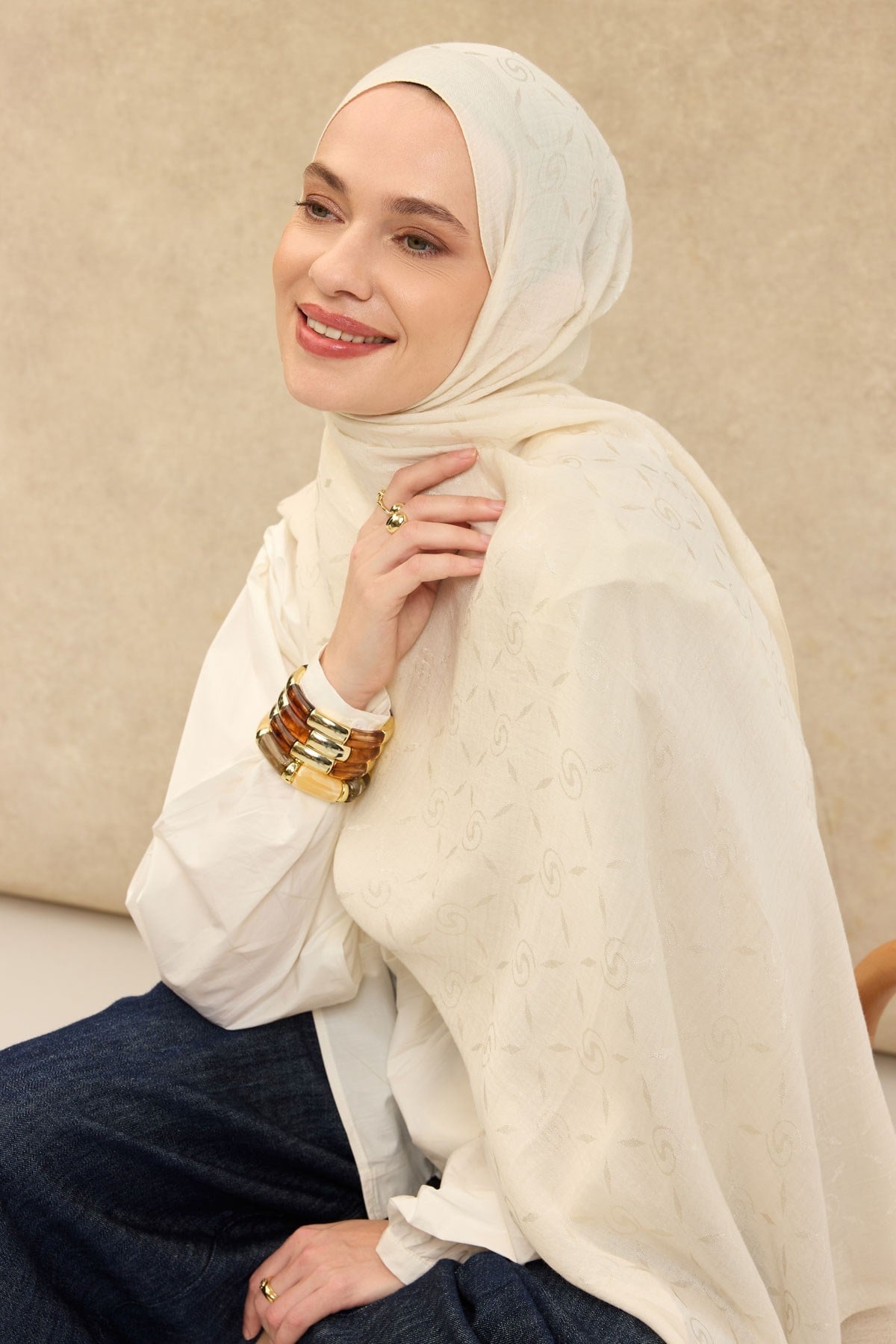 Naia Pamuk Şal Maxi Monogram Krem