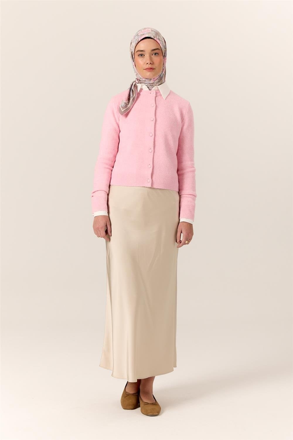 Organik Pamuk İpek Eşarp Pembe Lila Desenli Tok Duruşlu 90X90