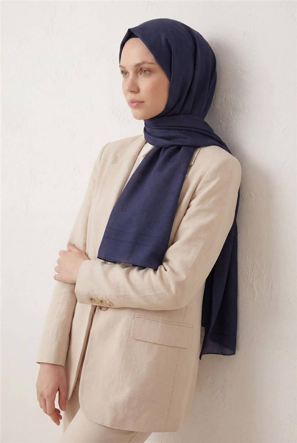 Pamuk Polyester Liva Şal Lacivert Nefes Alan Dokulu 90X200