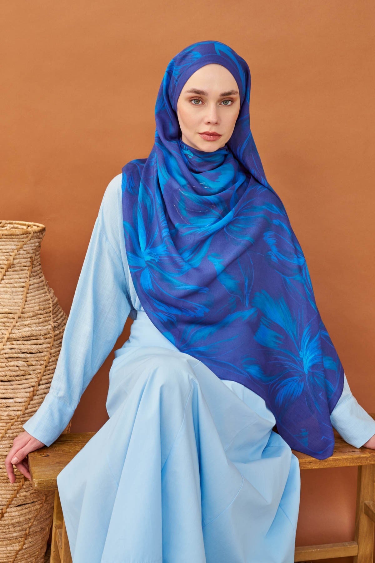 Riva Şal Tencel Bloom Koyu Mavi