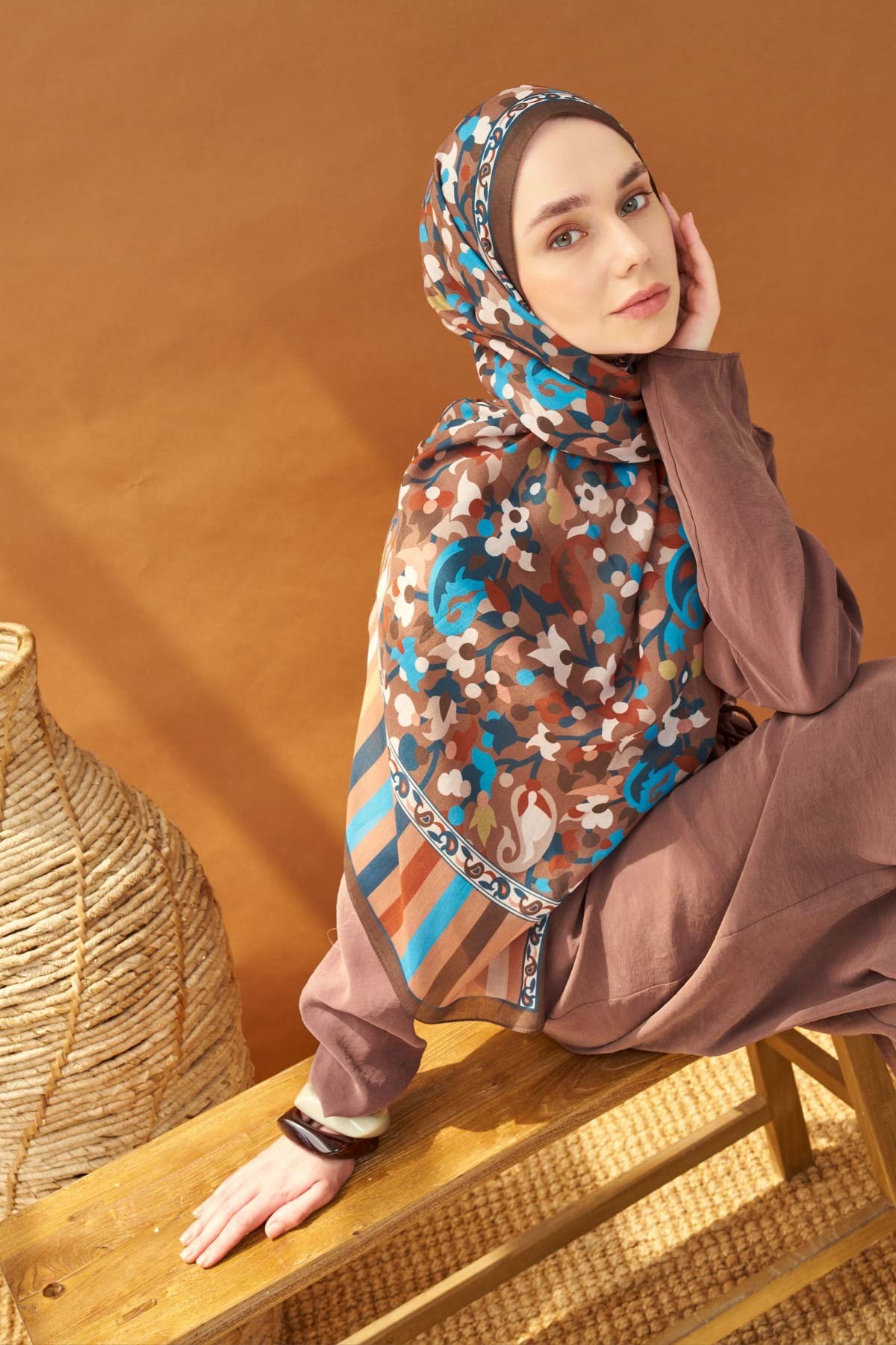 Riva Şal Tencel Botanical Floral Çikolata Kahve