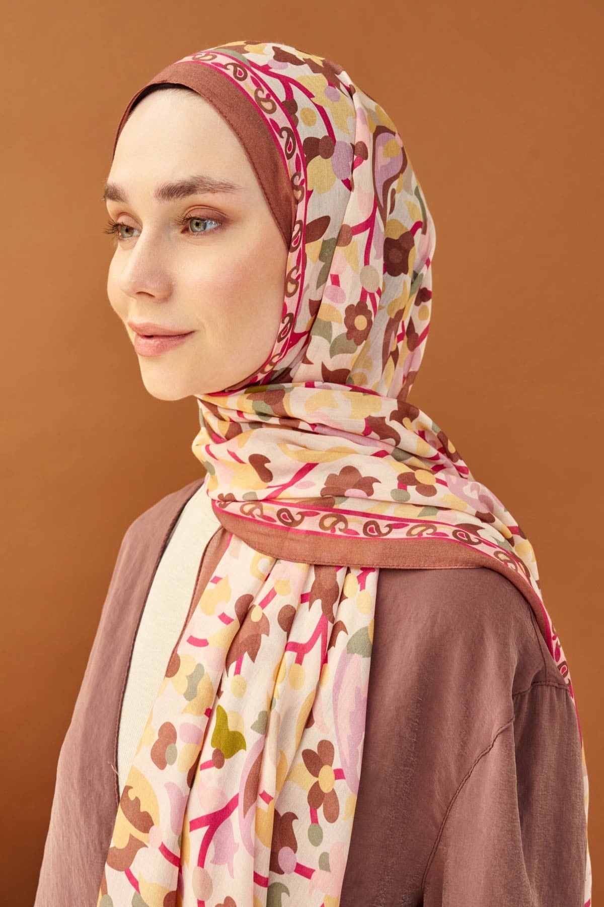 Riva Şal Tencel Botanical Floral Kahverengi