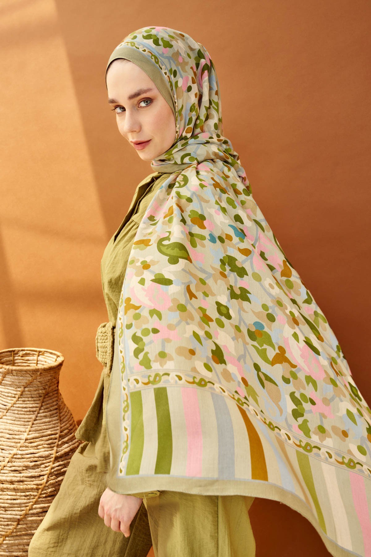 Riva Şal Tencel Botanical Floral Küf Yeşili