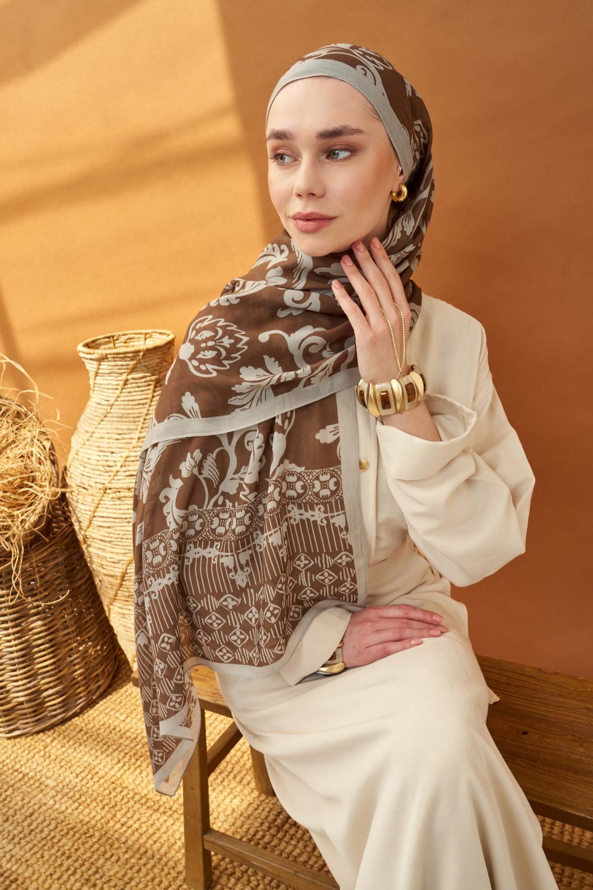 Riva Şal Tencel Floral Çikolata Kahve