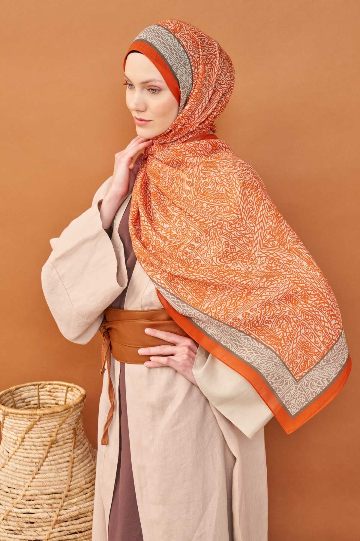 Riva Şal Tencel Güpür Desen Açık Turuncu