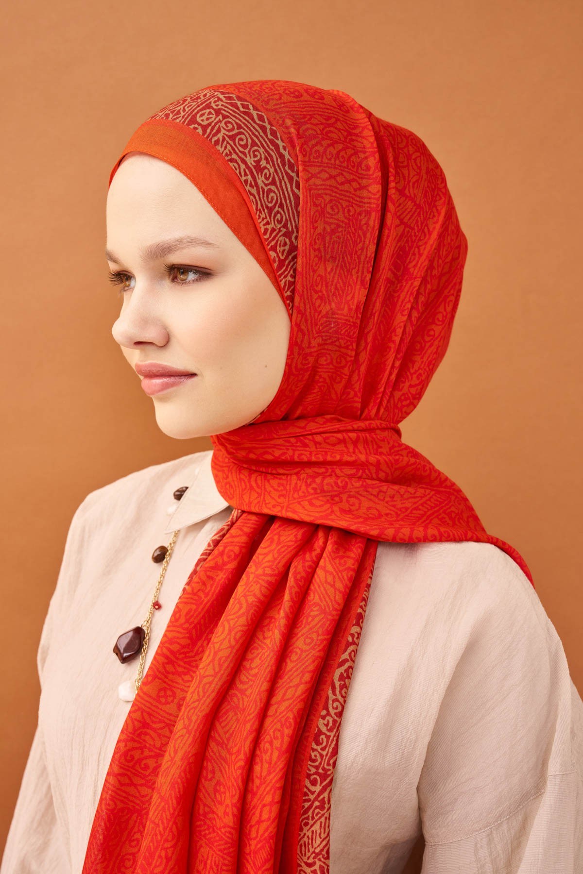 Riva Şal Tencel Güpür Desen Turuncu
