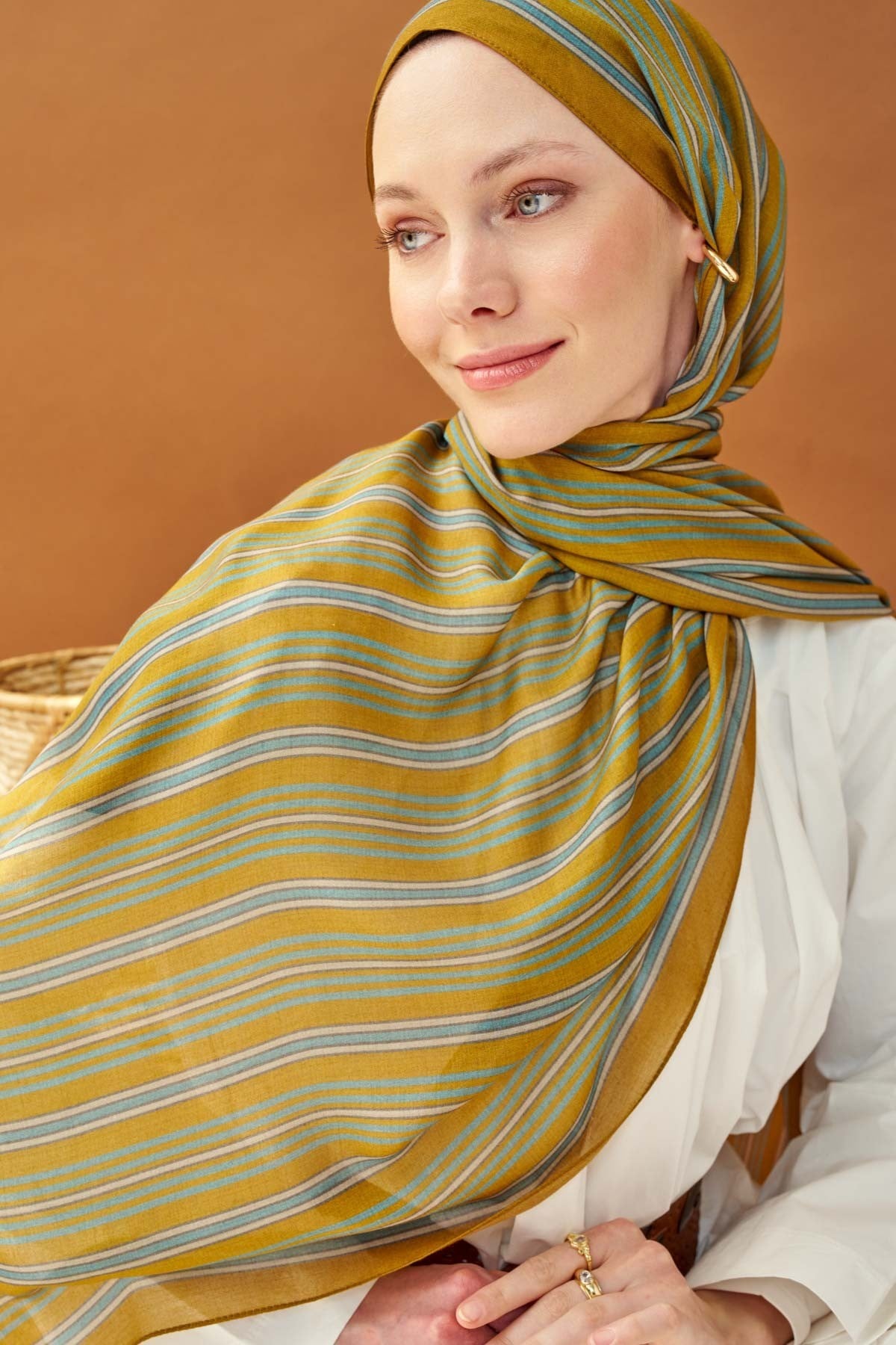 Riva Şal Tencel Line Koyu Hardal