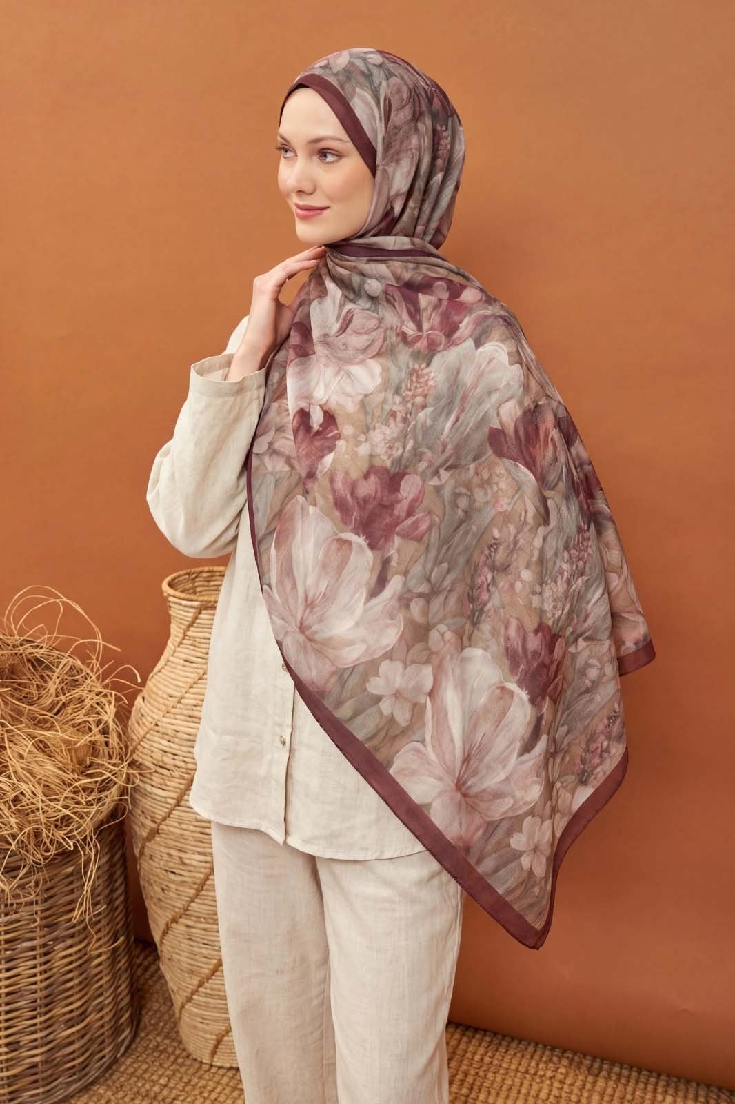 Riva Şal Tencel Wild Flower Bordo