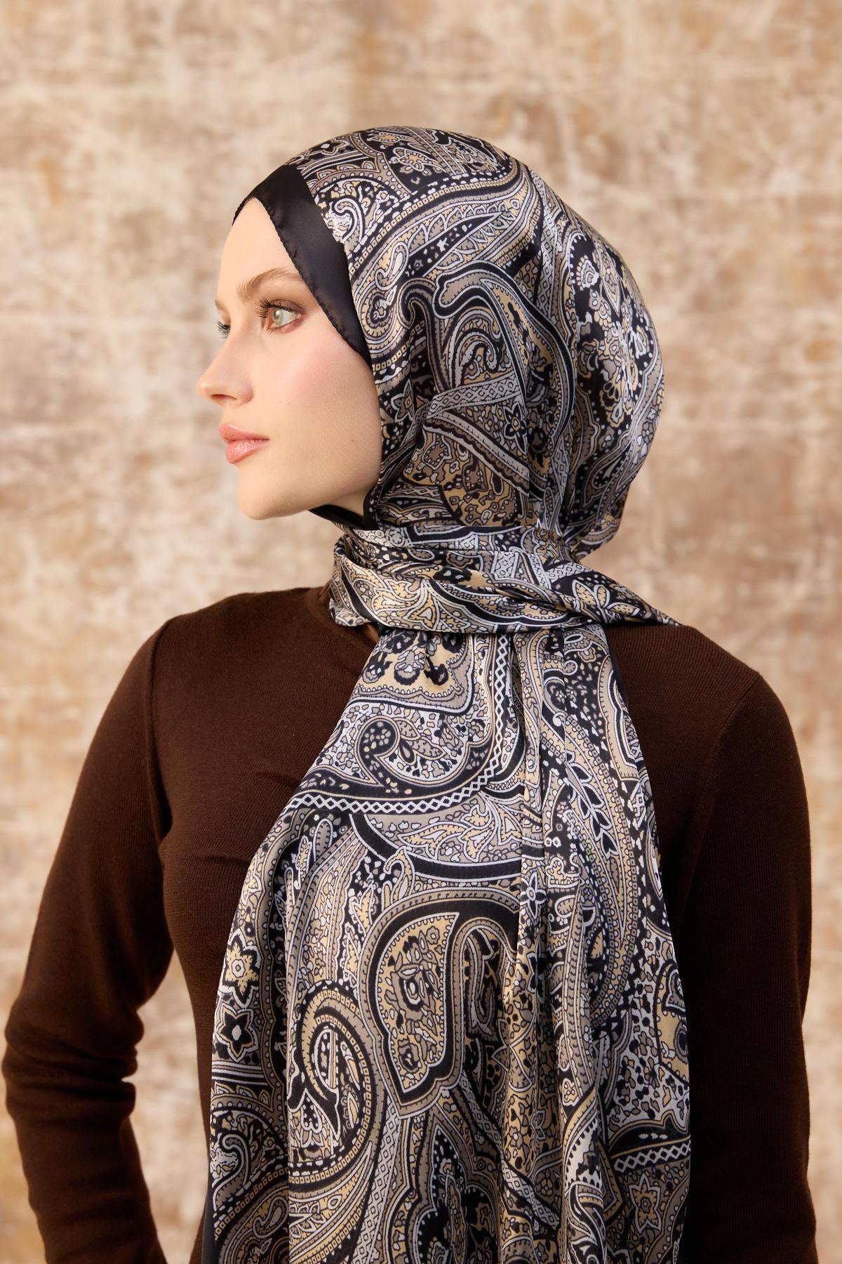 Siyah Ekru Hint Vual Şal -  5003-14