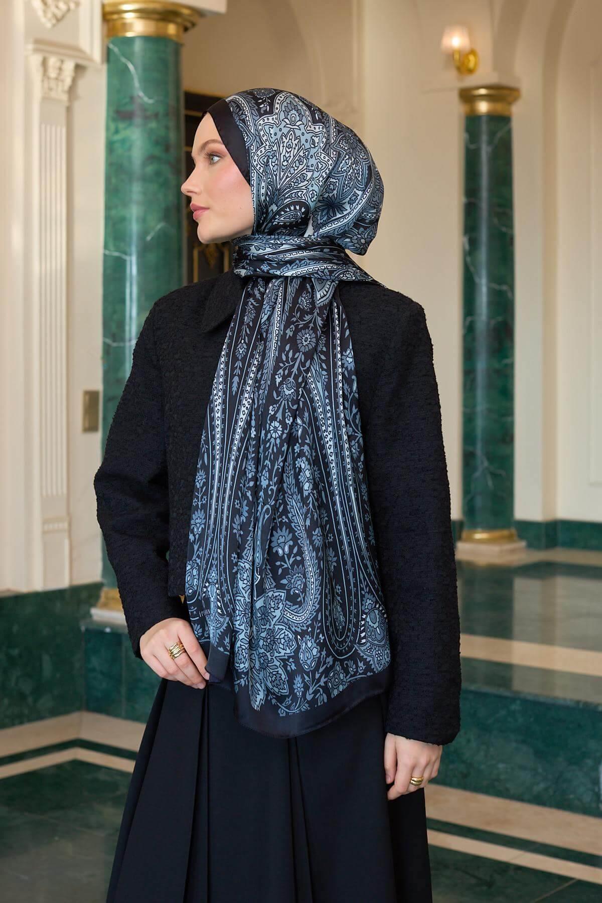 Siyah Gri Hint Vual Şal -  5009-10