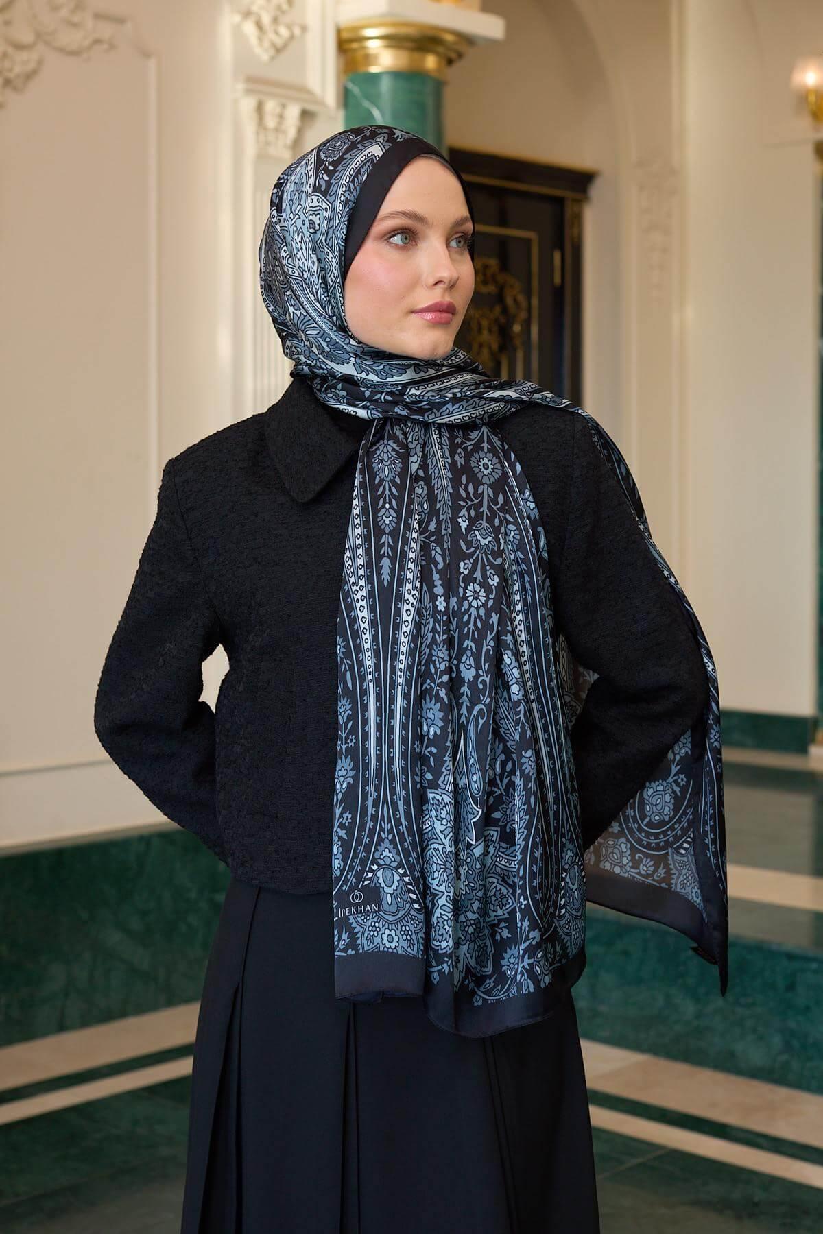 Siyah Gri Hint Vual Şal -  5009-10