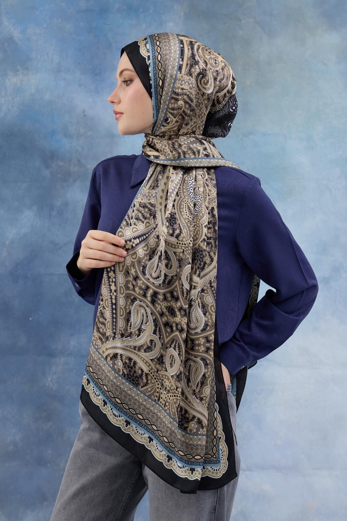 Siyah Kahve Hint Vual Şal -  5005-08