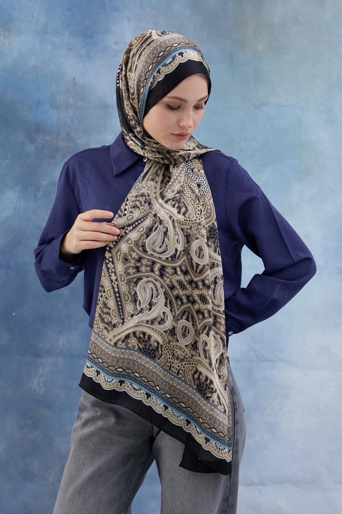 Siyah Kahve Hint Vual Şal -  5005-08