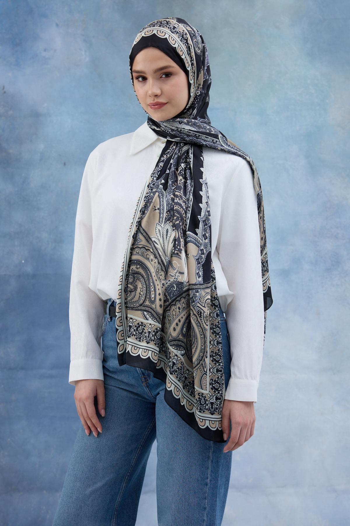 Siyah Kahve Hint Vual Şal -  5006-04