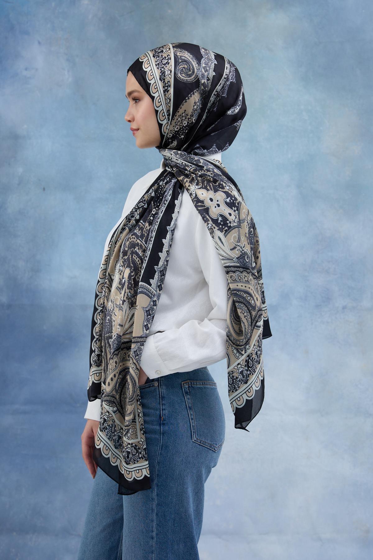 Siyah Kahve Hint Vual Şal -  5006-04