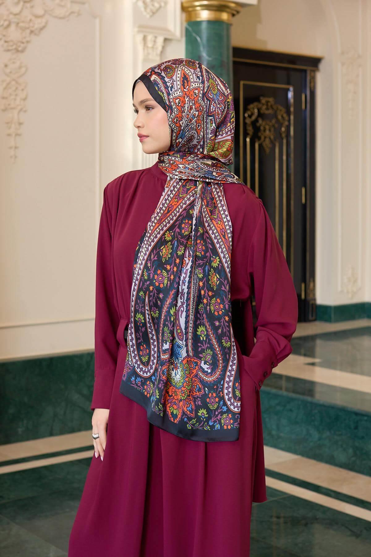 Siyah Turuncu Hint Vual Şal -  5009-07