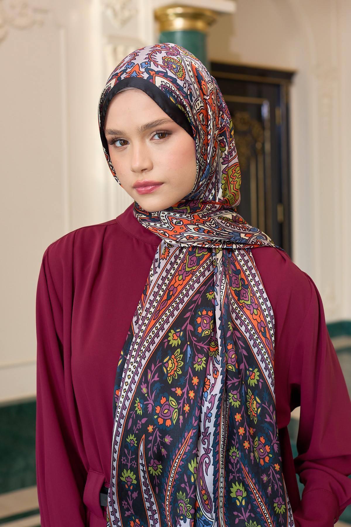 Siyah Turuncu Hint Vual Şal -  5009-07