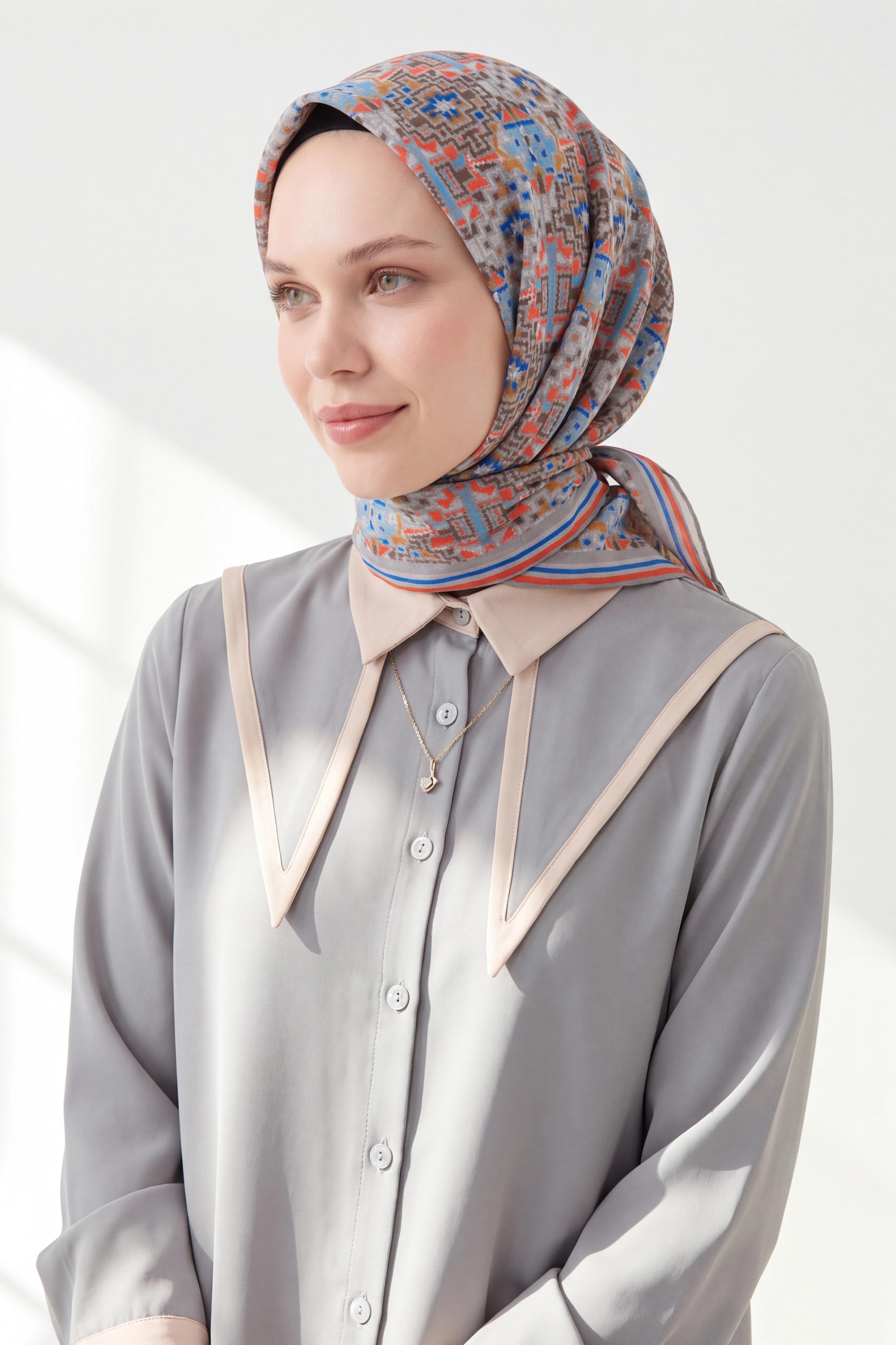 Soft Eşarp Pixel Ethnic Gök Mavisi