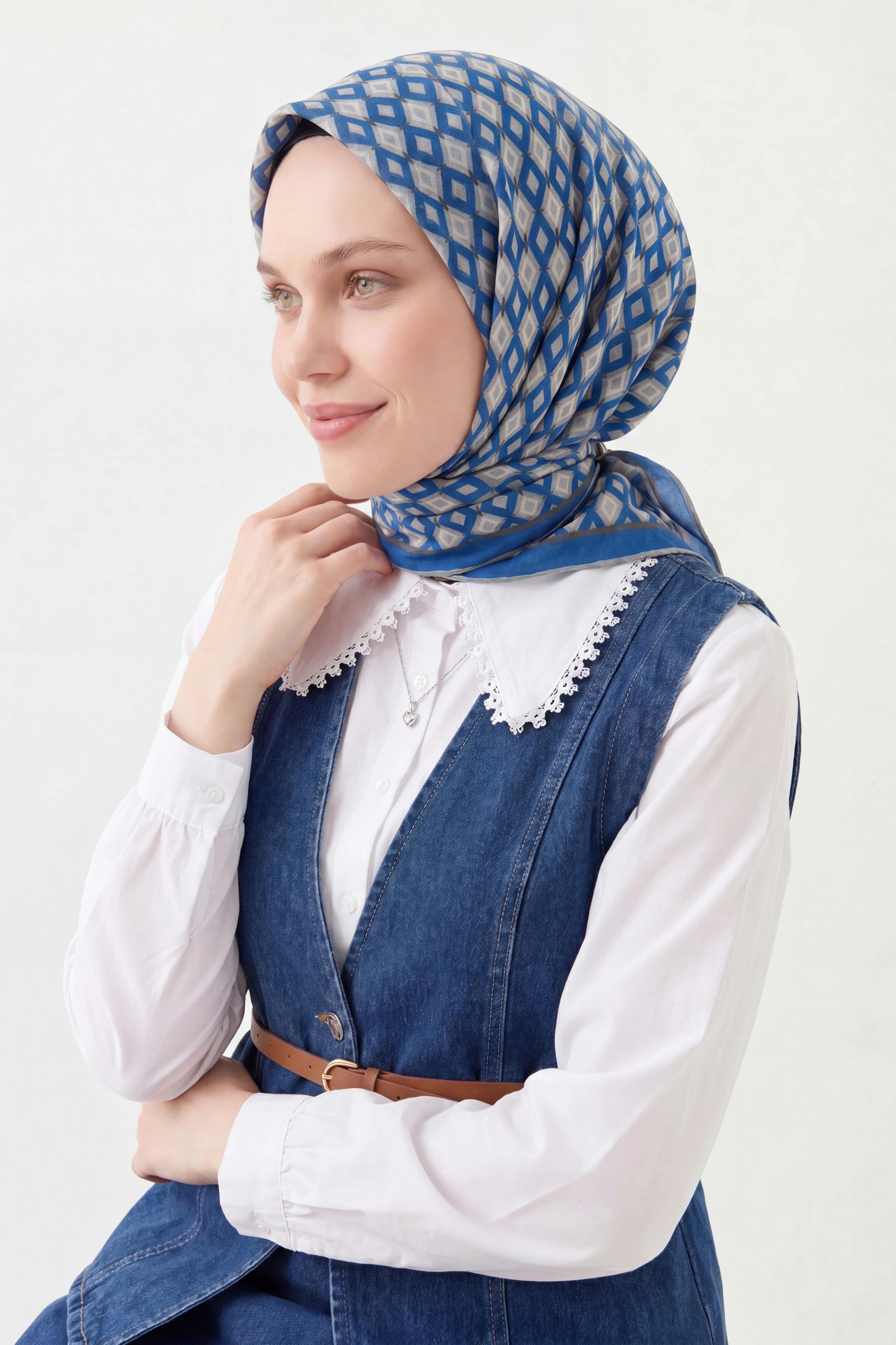 Soft Eşarp Retro Geometrik Mavi