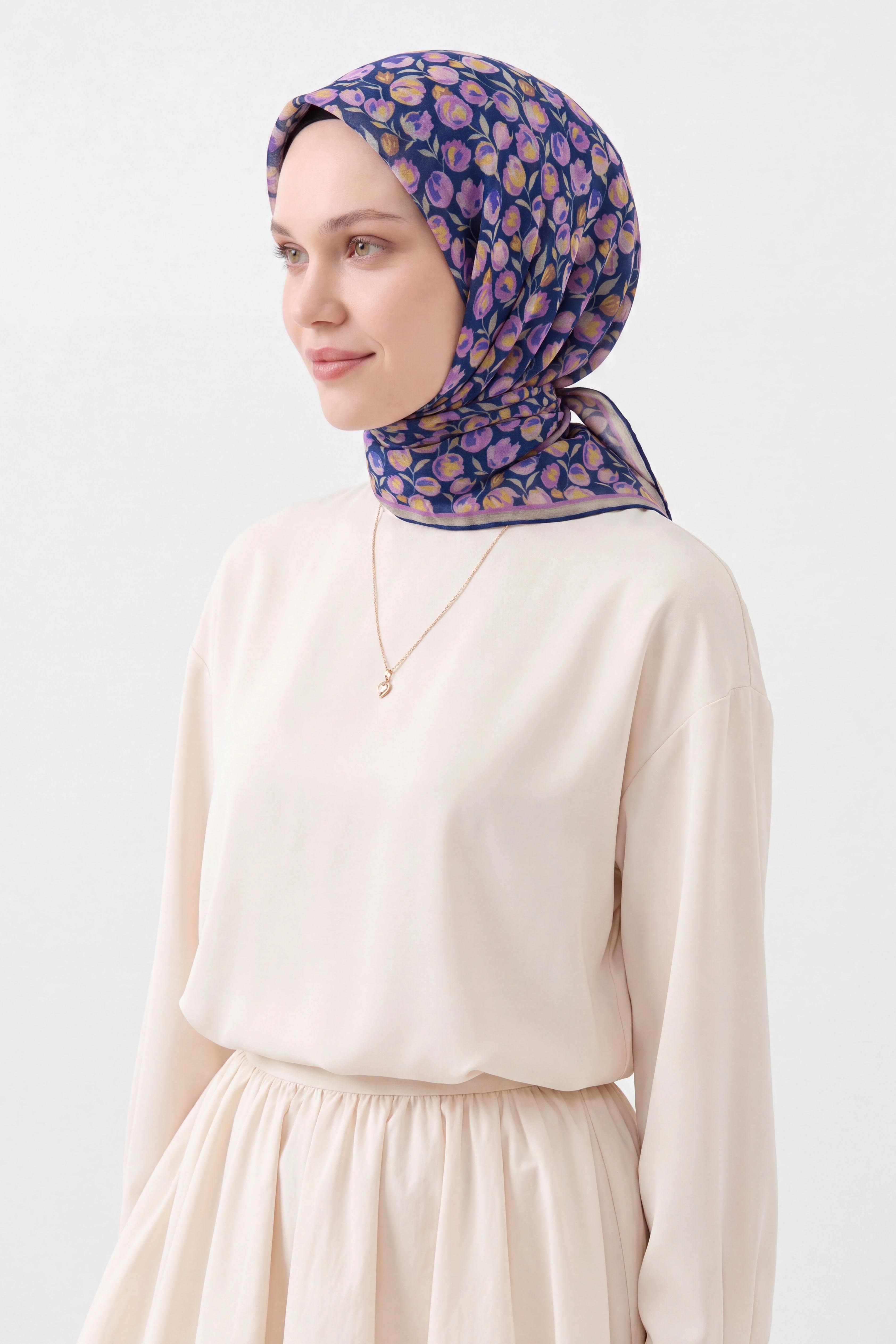 Soft Eşarp Vintage Floral Lacivert