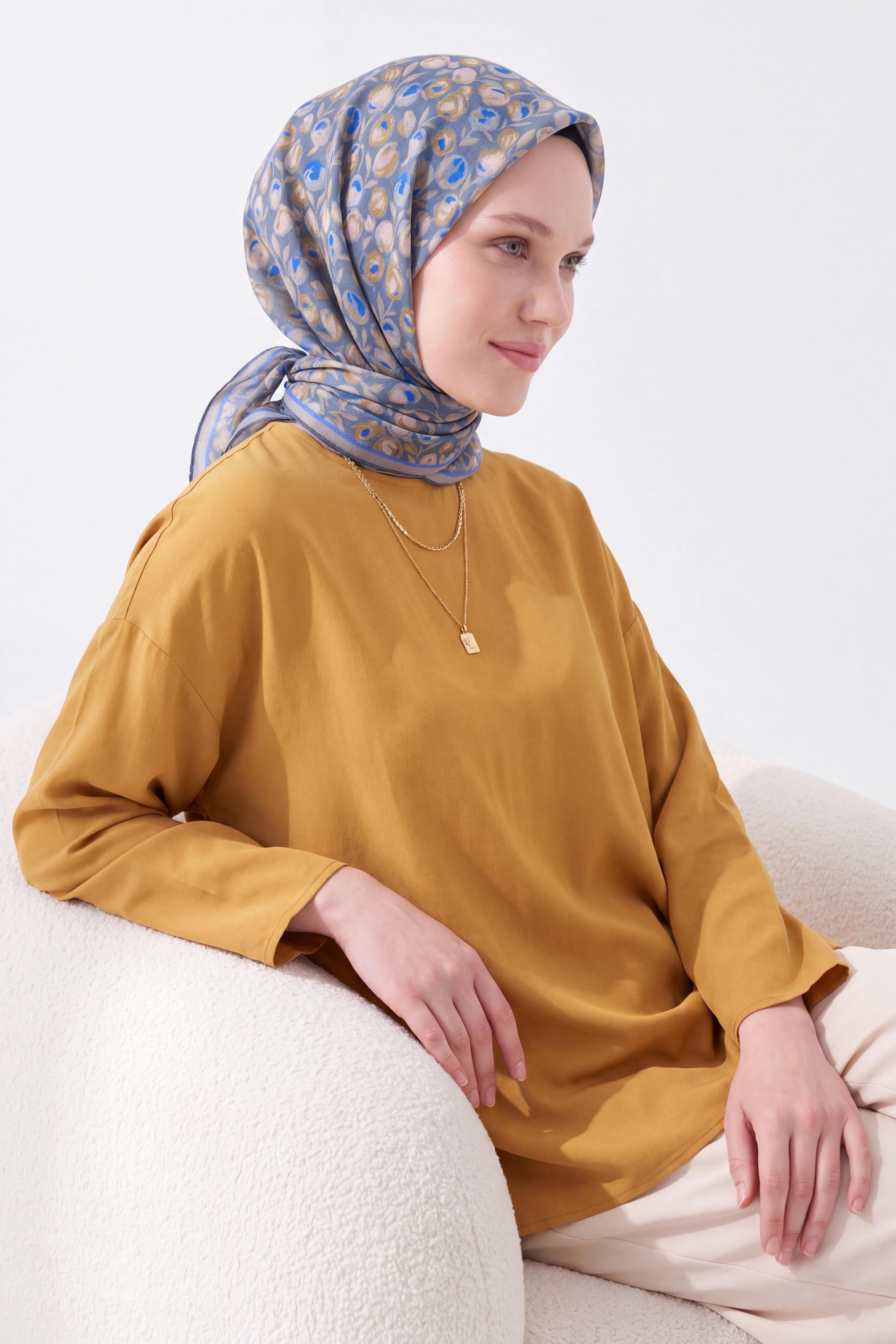 Soft Eşarp Vintage Floral Mavi Gri