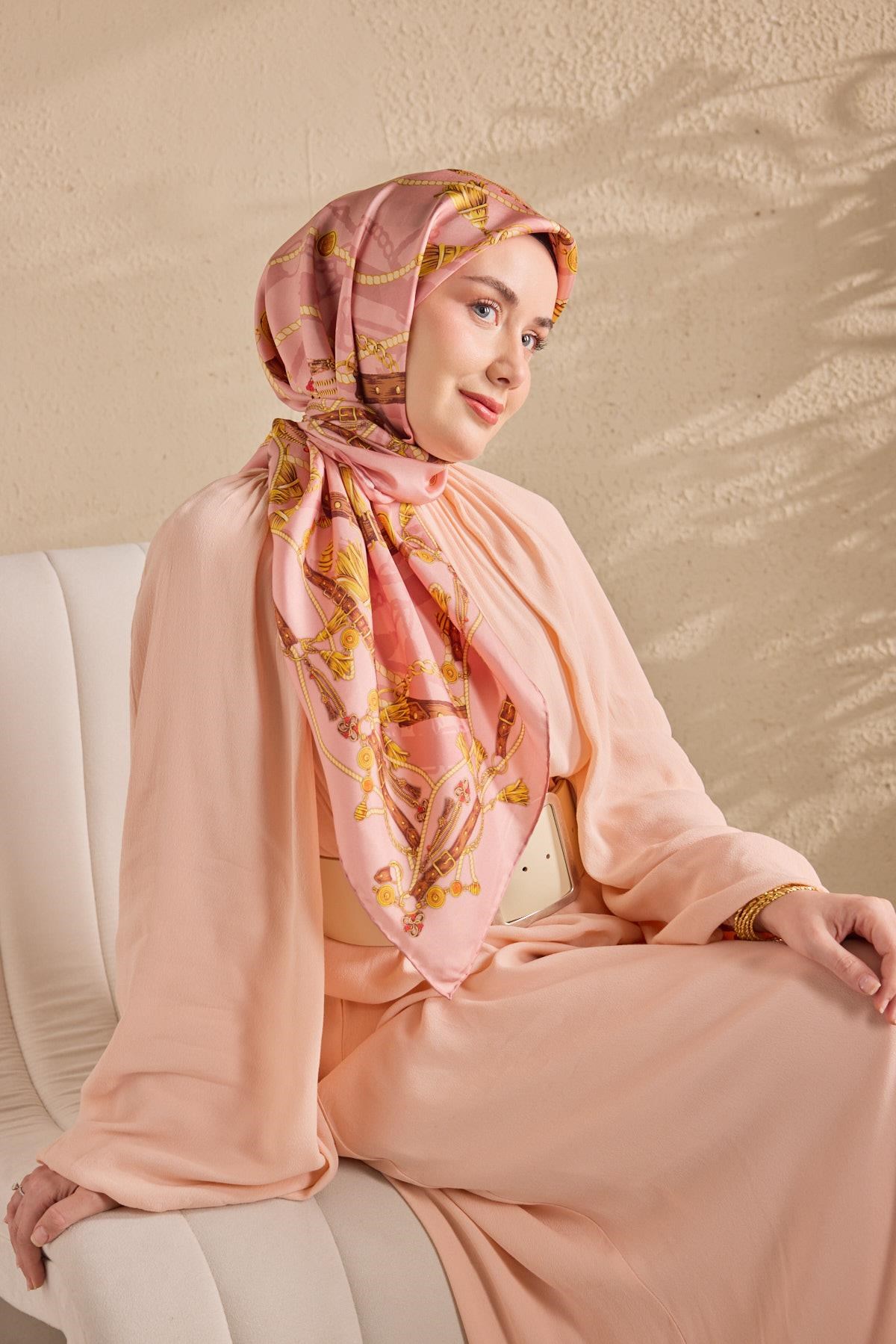 Twill İpek Detailed Belt Eşarp Tozpembe 90x90