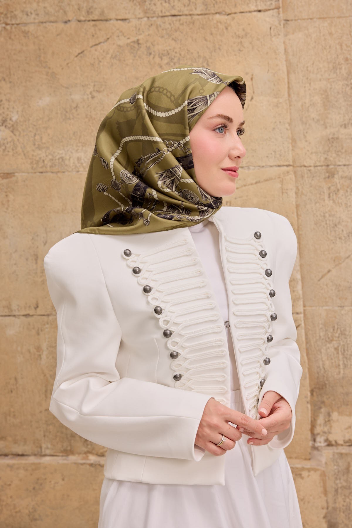 Twill İpek Eşarp  Detailed Belt Eşarp Haki