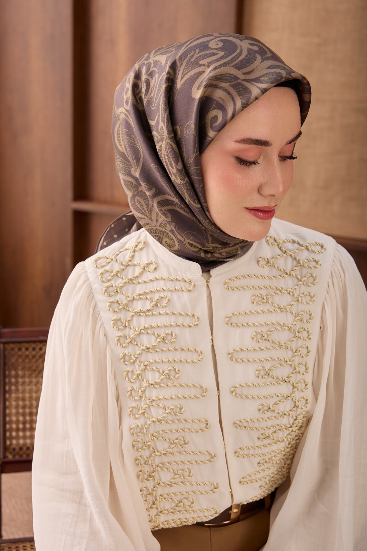 Twill İpek Eşarp Floral Paisley Acı Kahve